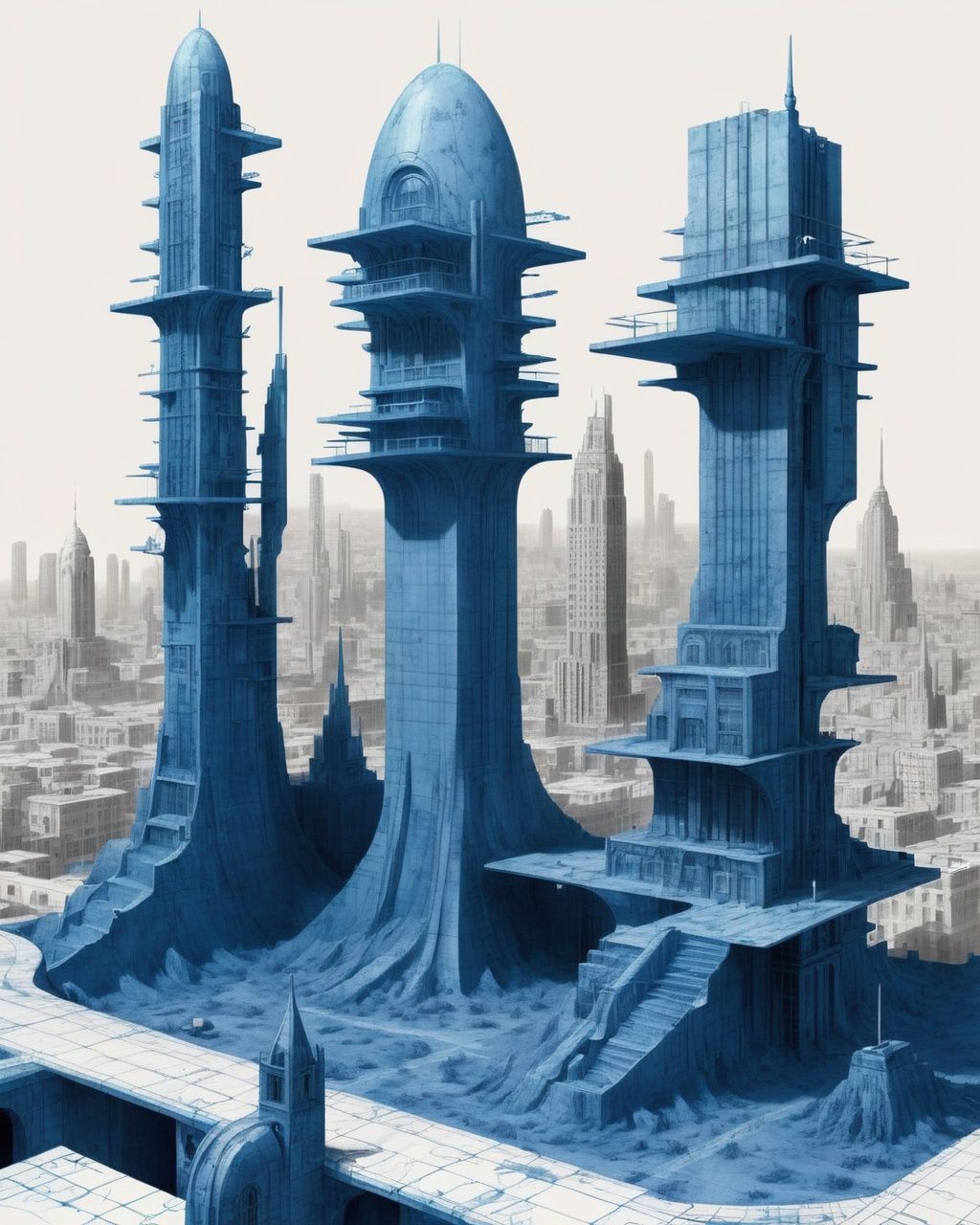 Deranged architect's blueprint,  a surreal cityscape merging eras and realities,  a protagonist deciphering its cryptic de...