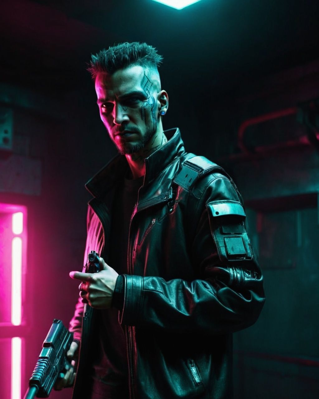 a man with a gun in a dark room ,  cyberpunk style on Tensor.Art