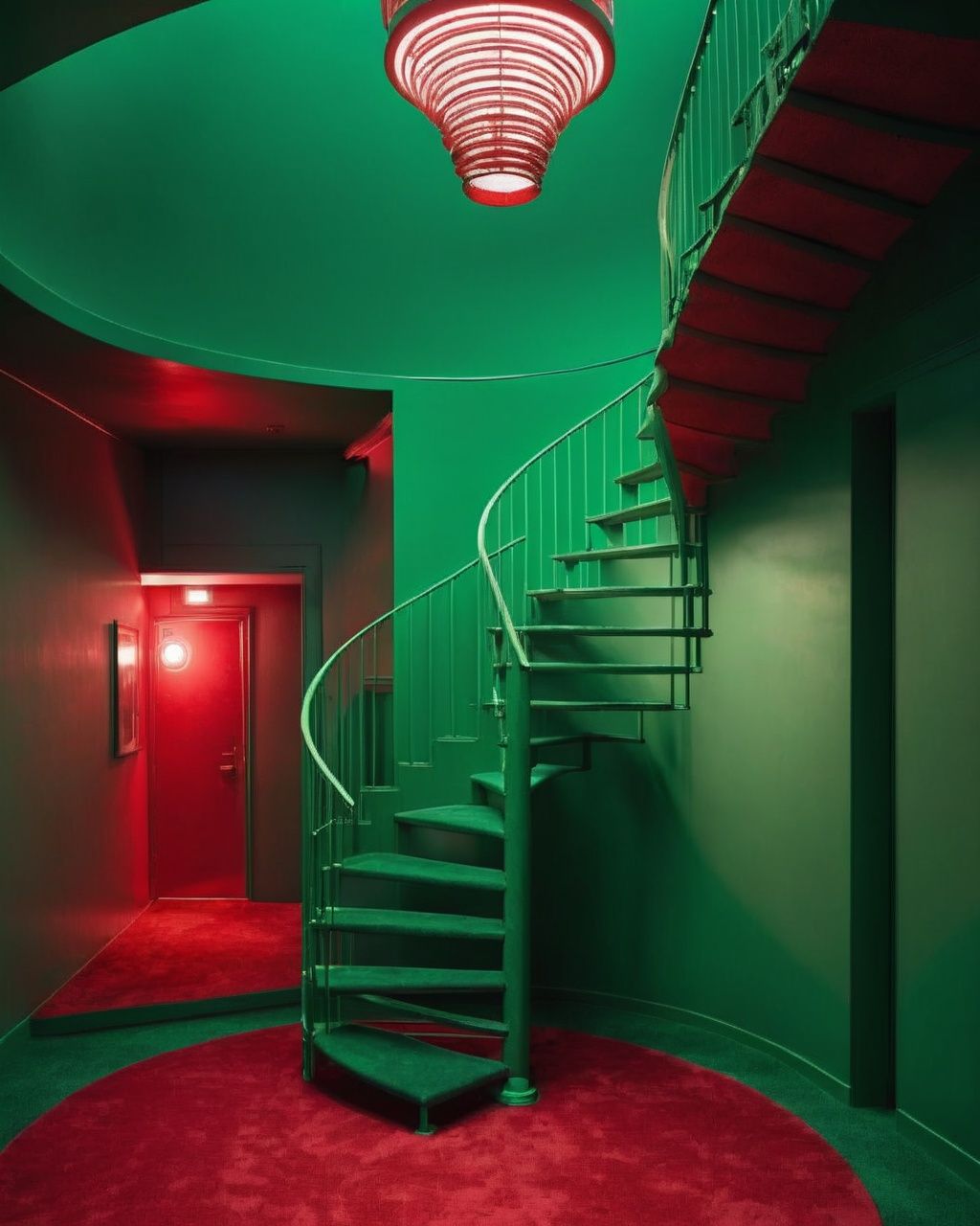 a spiral staircase in a green room with a red carpet ,  a red light shines on a house in the country on Tensor.Art