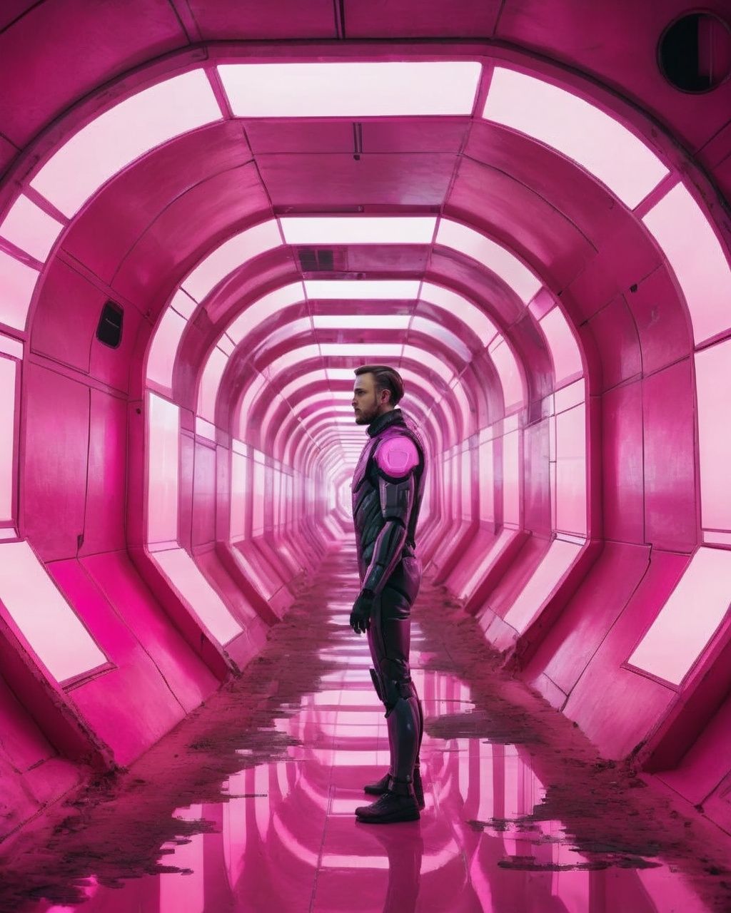 a man standing in a pink tunnel with a mirror ,  sci-fi,  cyberpunk on Tensor.Art