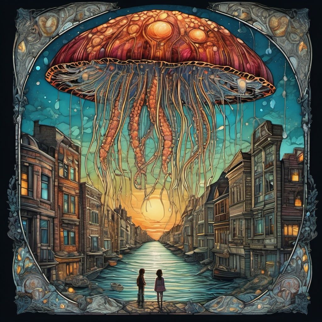two parts in one art , double exposure, ,   best quality,  dark tales,  a girl and a big jellyfish in sky,  city street, Craola , Dan Mumford, Andy Kehoe, 2d, flat, cute, adorable, vintage, art on a cracked paper, fairytale, patchwork, stained glass, storybook detailed illustration, cinematic, ultra highly detailed, tiny details, beautiful details, mystical, luminism, vibrant colors, complex background