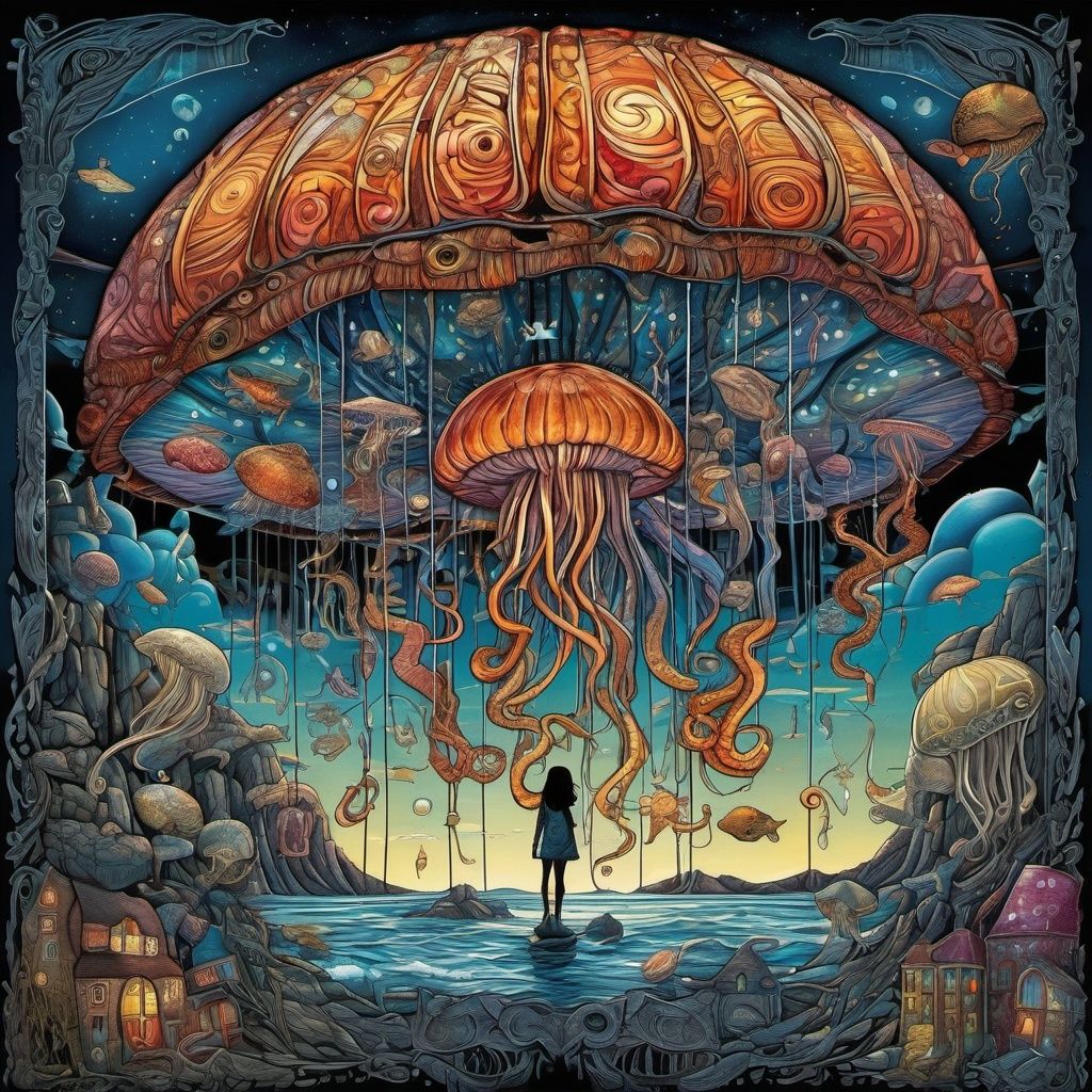 two parts in one art , double exposure, ,   best quality,  dark tales,  a girl and a big jellyfish in sky,  city street, Craola , Dan Mumford, Andy Kehoe, 2d, flat, cute, adorable, vintage, art on a cracked paper, fairytale, patchwork, stained glass, storybook detailed illustration, cinematic, ultra highly detailed, tiny details, beautiful details, mystical, luminism, vibrant colors, complex background