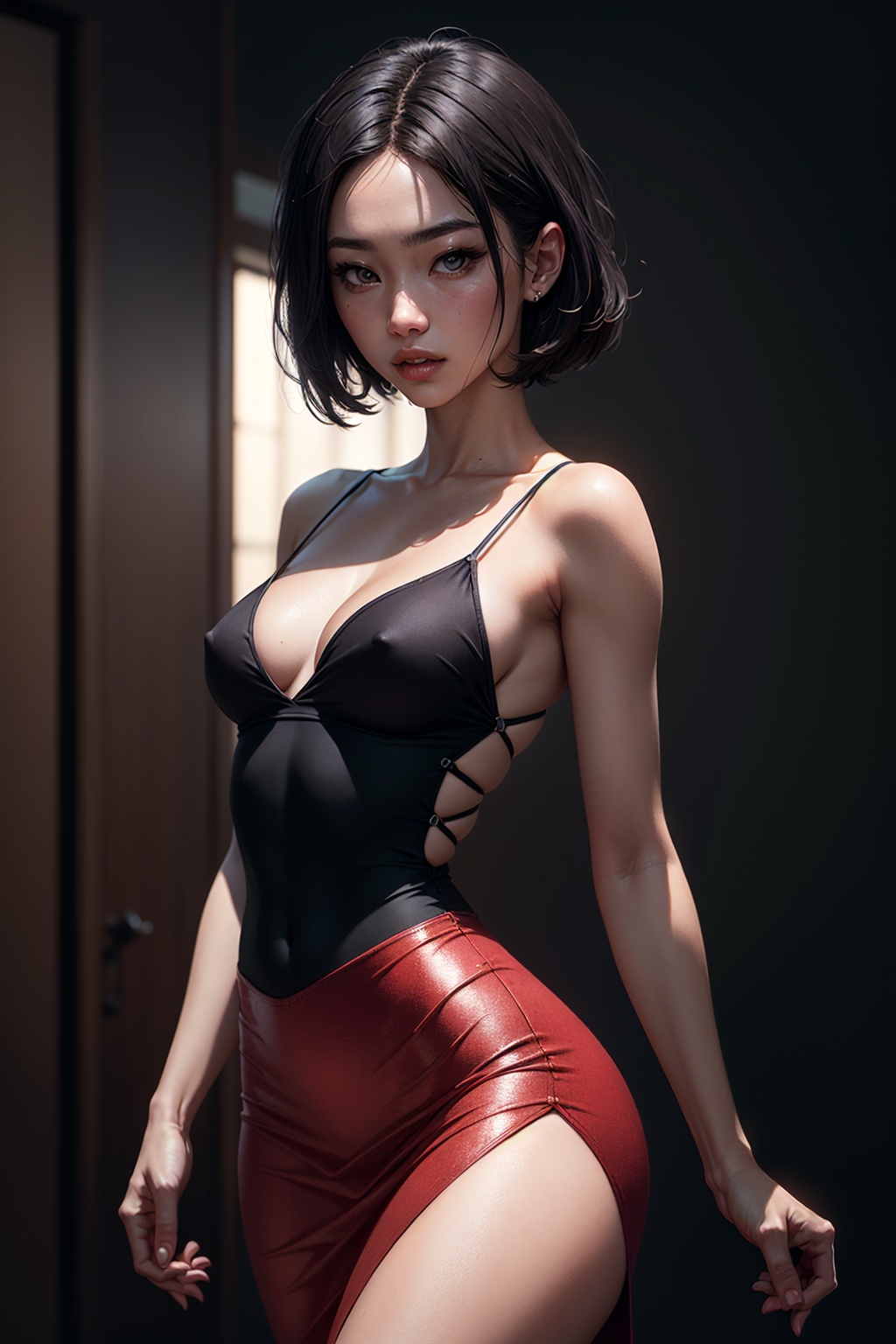 Black hair,  (wearing red long skirt bodycon midi dress,  red metallic dress on Tensor.Art