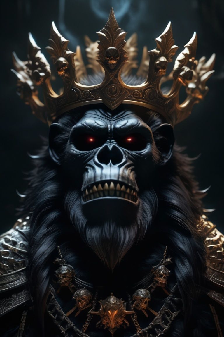 a color photo of a sinister ape with a crown surrounded by skulls,  scorn game,  dark fantasy concept art on Tensor.Art