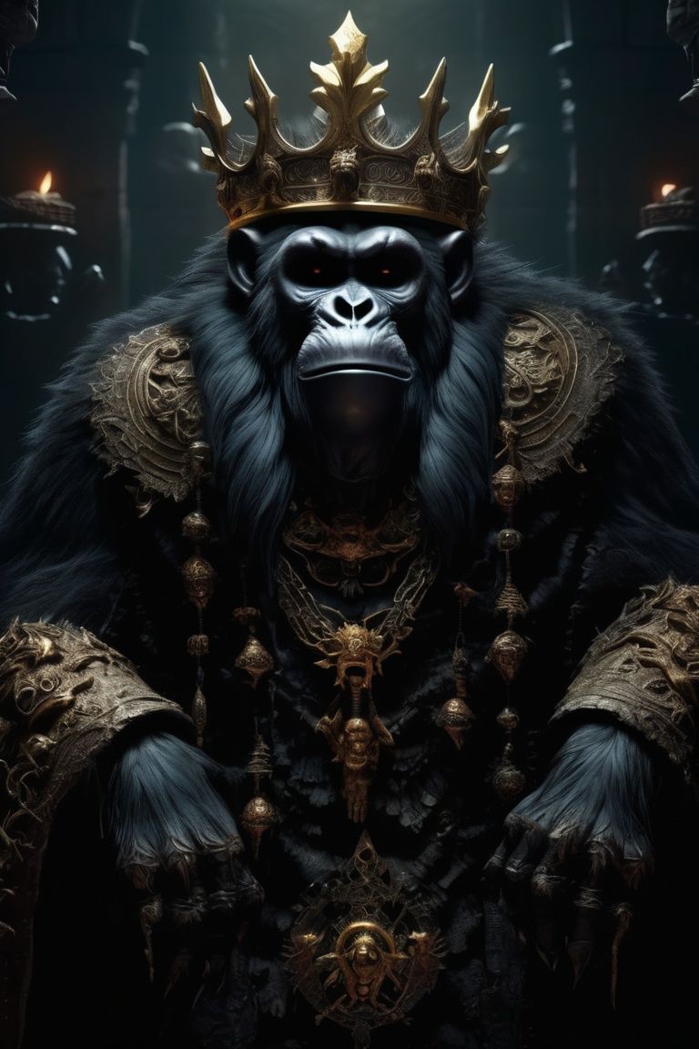 a color photo of a sinister ape with a crown surrounded by skulls,  scorn game,  dark fantasy concept art on Tensor.Art
