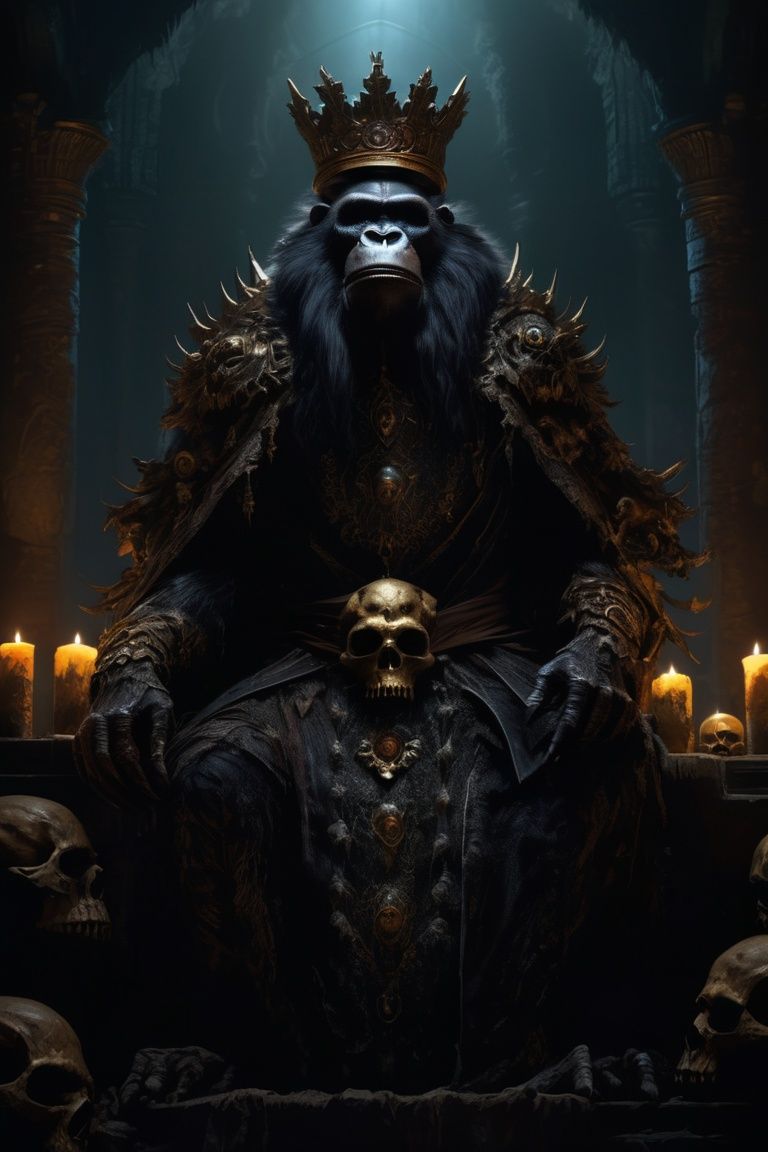 a color photo of a sinister ape with a crown surrounded by skulls,  scorn game,  dark fantasy concept art on Tensor.Art
