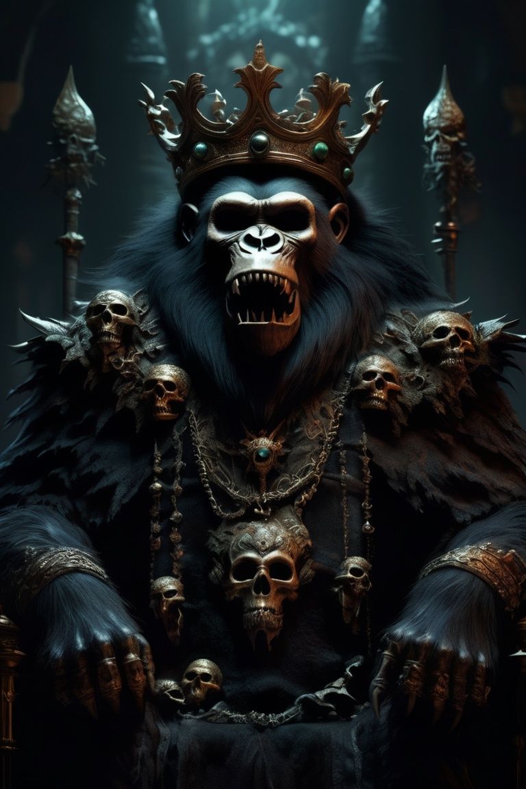 a color photo of a sinister ape with a crown surrounded by skulls,  scorn game,  dark fantasy concept art on Tensor.Art