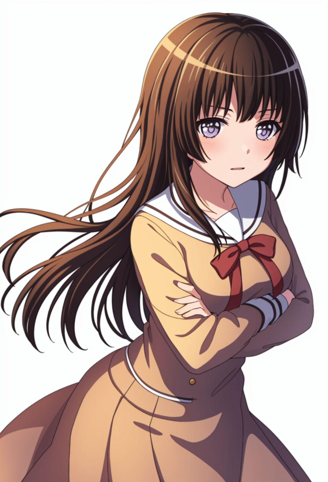 long hair,hanasakigawa school uniform,brown dress,masterpiece, best quality,crossed arms