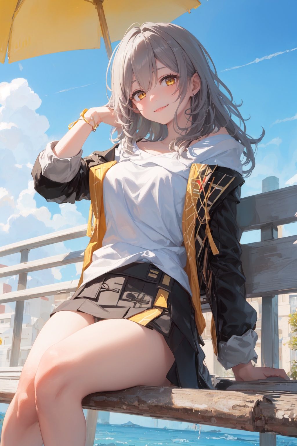 1girl,masterpiece, best quality,blue sky,yellow eyes,facing viewer,looking at viewer,smile,closed mouth,sitting on bench park,hand behind back