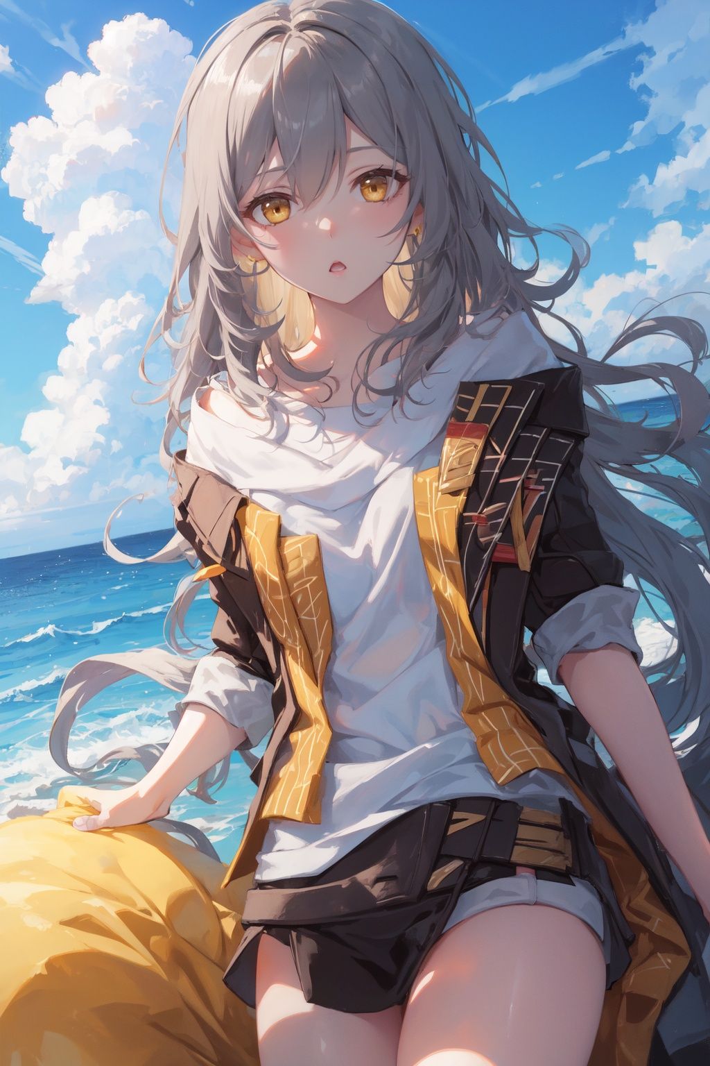 steldef,yellow_eyes,blue sky,looking at viewer,soft smile,close view,:o
