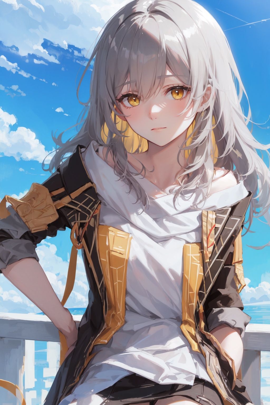 steldef,yellow_eyes,blue sky,looking at viewer,soft smile,close view,
