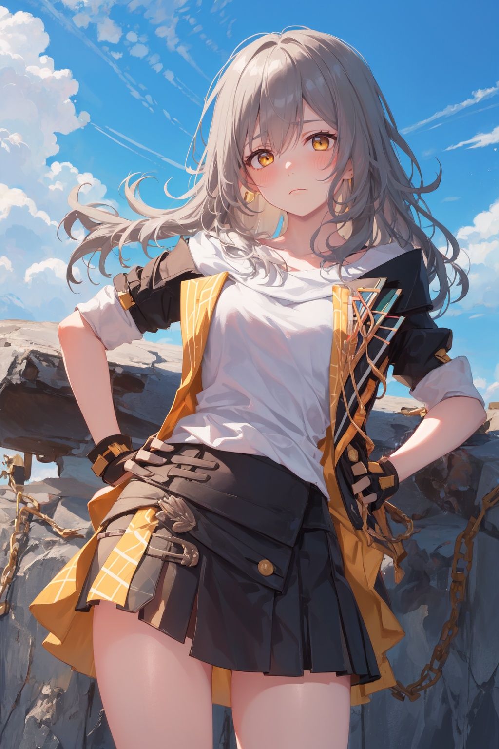 1girl,masterpiece, best quality,blue sky,yellow eyes,frown,facing viewer,hand on hip,looking at viewer,from above,blush,skirt