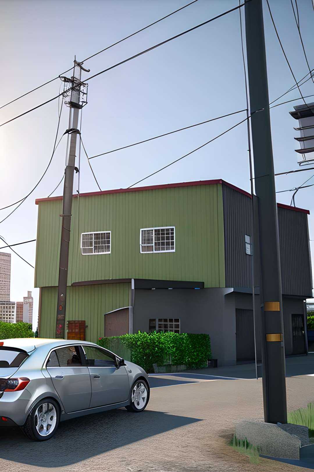 sunny day,  city,  metal steel building on Tensor.Art