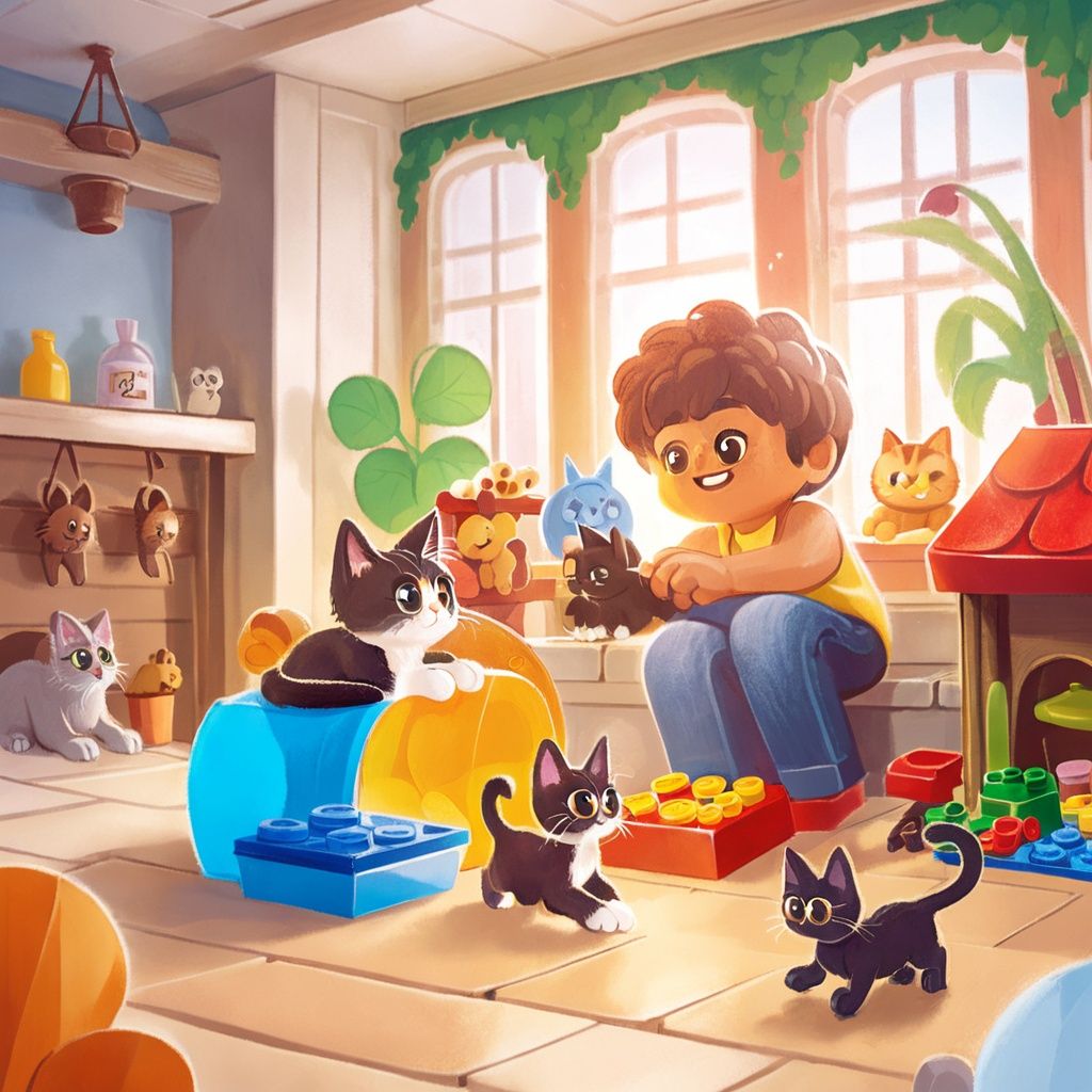 a boy playing lego with a cat at home,  they are surrounded by toys by Madmoon on Tensor.Art