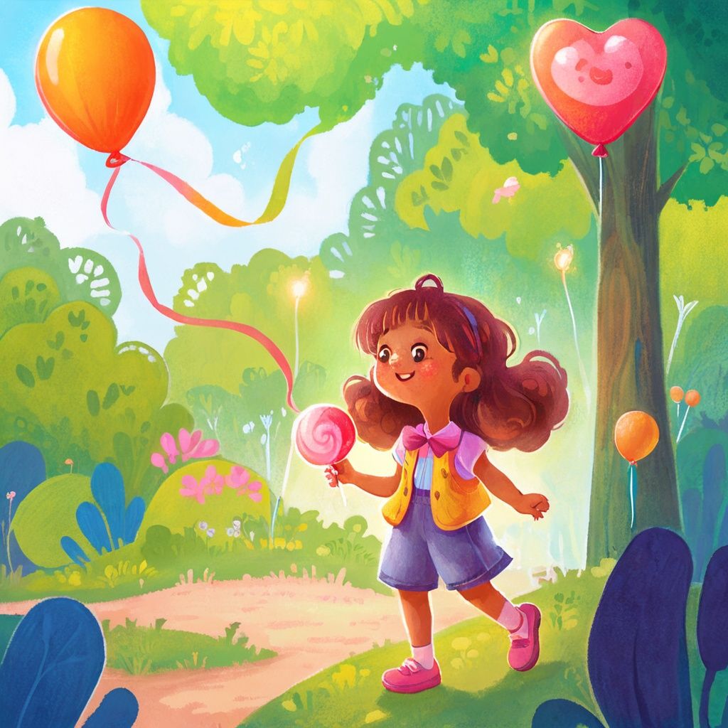 a cute girl in a park,  holding lollipop and balloon,  she is happy by Madmoon on Tensor.Art