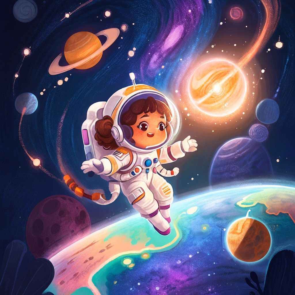 a girl wearing astronaut suits flying in space,  milky way,  planets by Madmoon on Tensor.Art