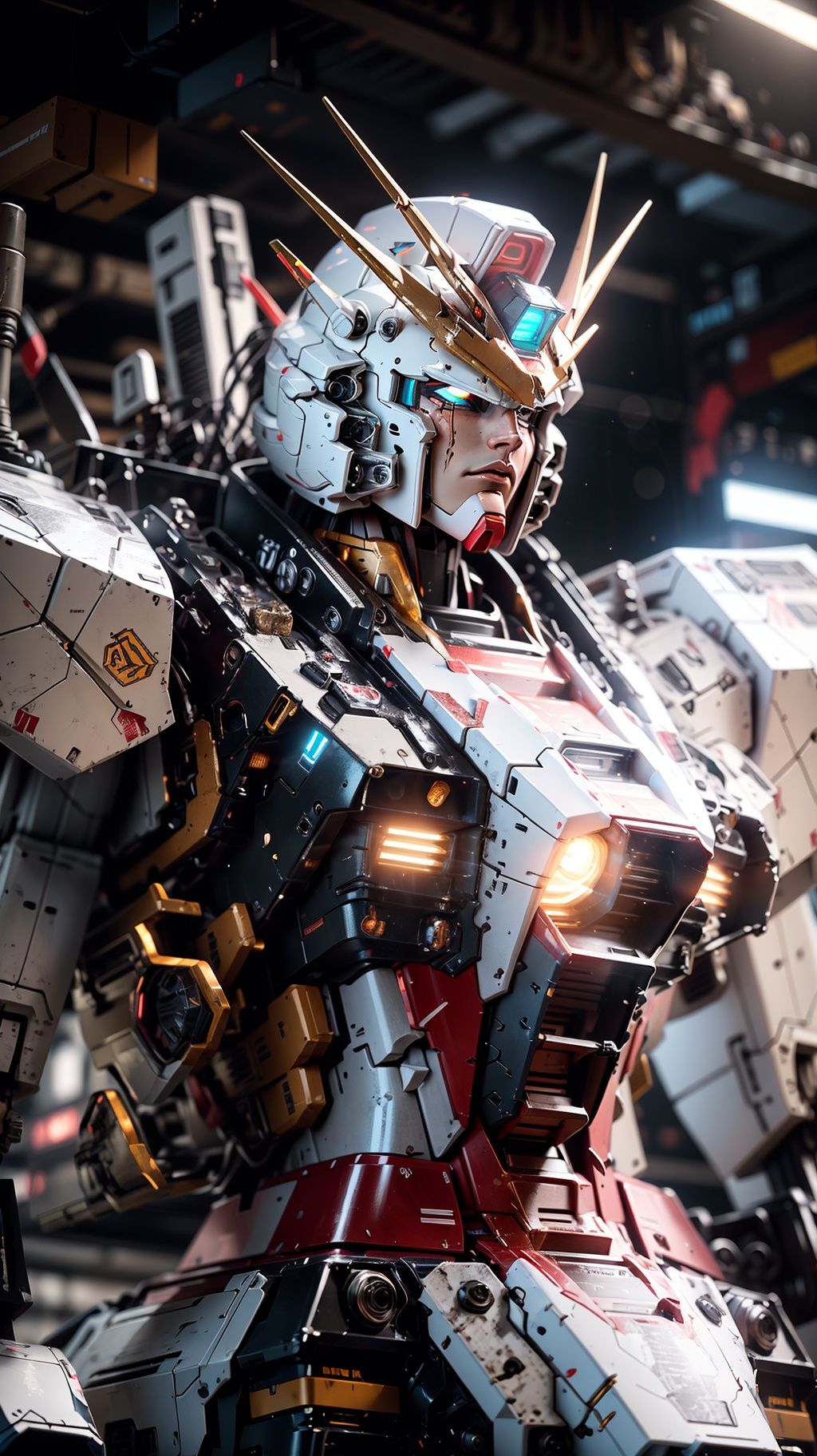 bj_Gundam_Mecha, solo, from_side, no_humans, glowing, robot, portrait, mecha, glowing_eyes, science_fiction, glowing_eye, looking_ahead, v-fin, mobile_suit,cinematic lighting,strong contrast,high level of detail,Best quality,masterpiece,<lora:Gundam_Mecha:0.7>,