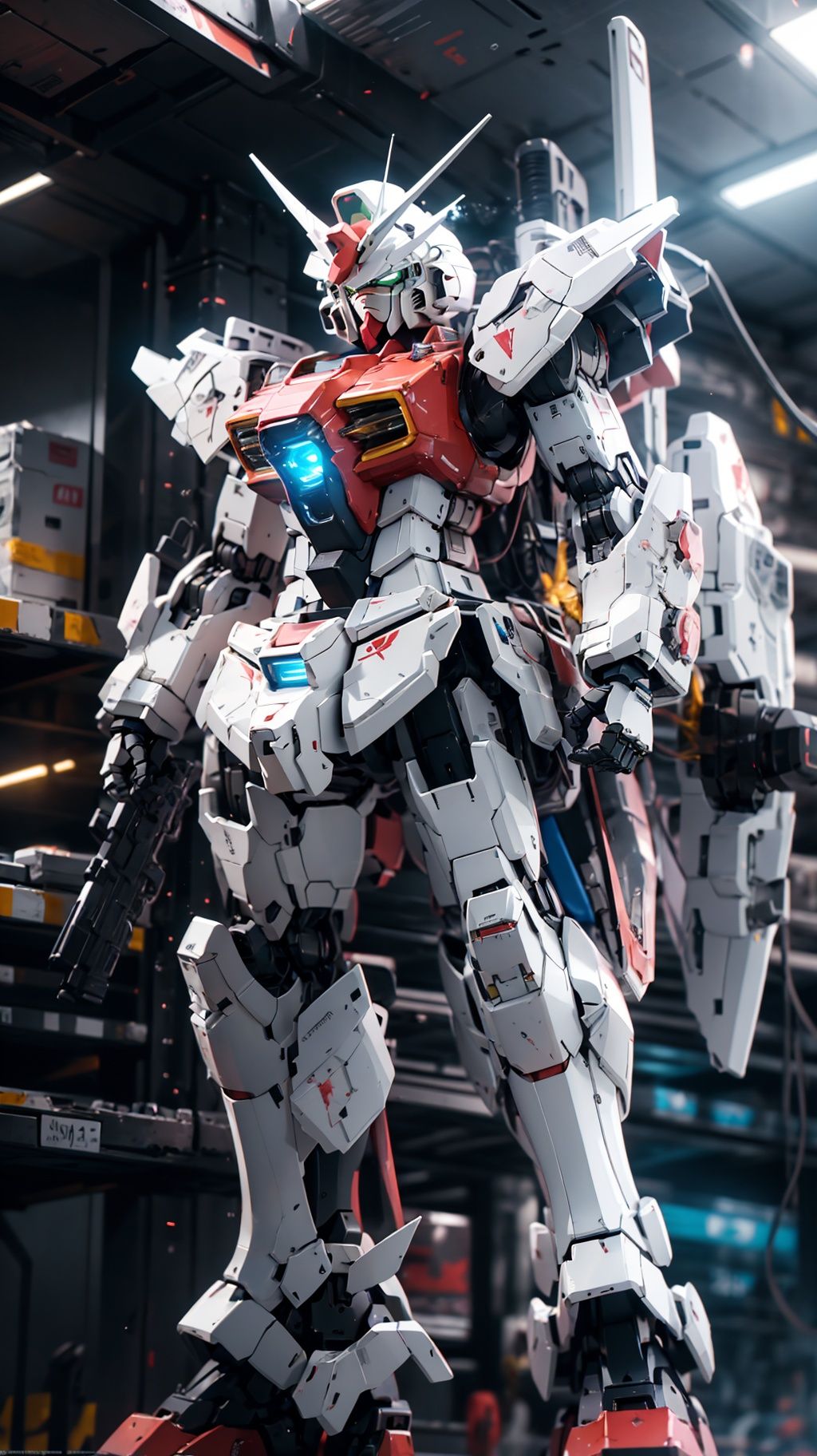 bj_Gundam_Mecha, solo, green_eyes, standing, weapon, gun, no_humans, glowing, robot, mecha, clenched_hands, science_fiction, shield, looking_ahead, v-fin, mobile_suit,cinematic lighting,strong contrast,high level of detail,Best quality,masterpiece,<lora:Gundam_Mecha:0.7>,