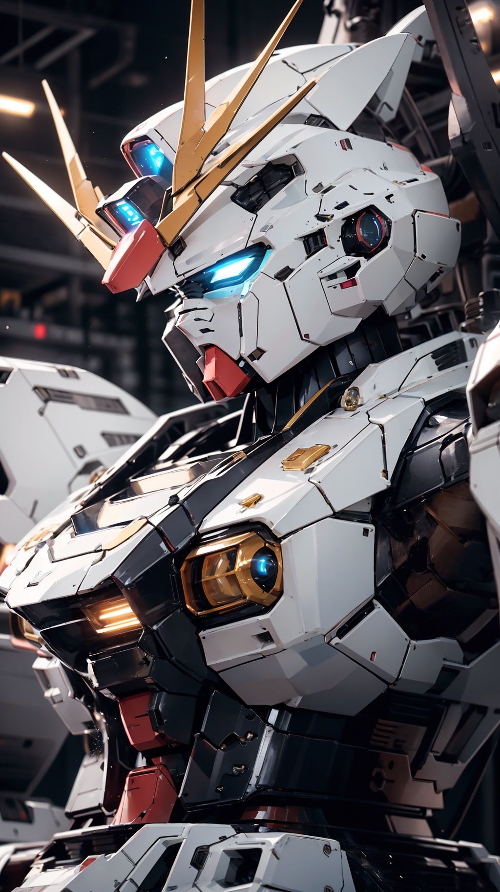 bj_Gundam_Mecha,solo,blue_eyes,upper_body,from_side,no_humans,glowing,robot,mecha,glowing_eyes,science_fiction,looking_ahead,v-fin,mobile_suit,cinematic lighting,strong contrast,high level of detail,Best quality,masterpiece,<lora:Gundam_Mecha:0.7>,
