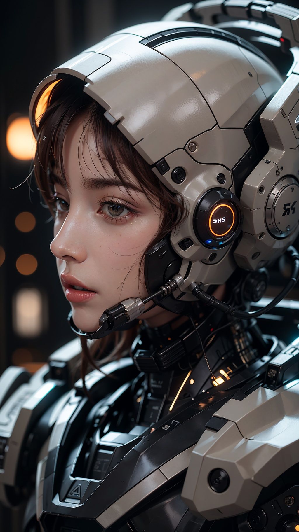 1girl,solo,from_side,no_humans,glowing,portrait,mecha,science_fiction,looking_ahead,cinematic lighting,strong contrast,high level of detail,Best quality,masterpiece,<lora:Zagu_Mecha:0.7>,