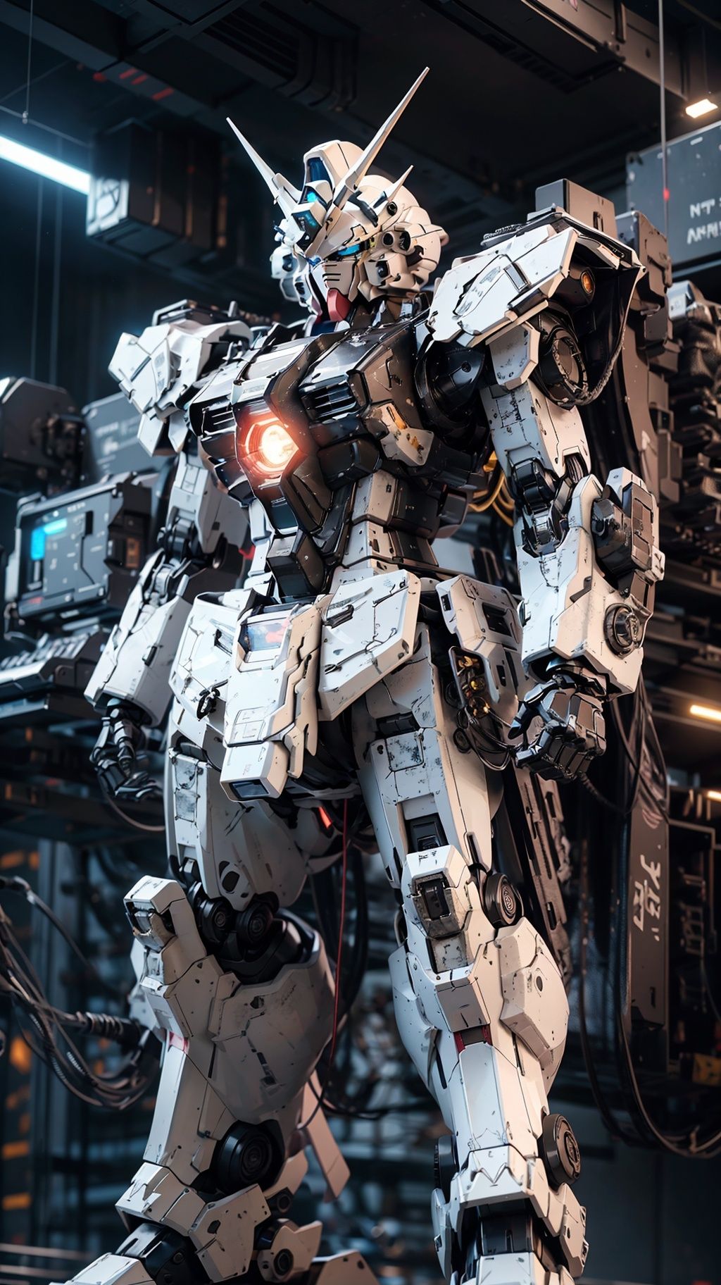 Gundam,solo,looking_at_viewer,blue_eyes,standing,no_humans,glowing,robot,mecha,glowing_eyes,clenched_hands,science_fiction,straight-on,v-fin,mobile_suit,cinematic lighting,strong contrast,high level of detail,Best quality,masterpiece,White background,<lora:Gundam_Mecha:0.7>,