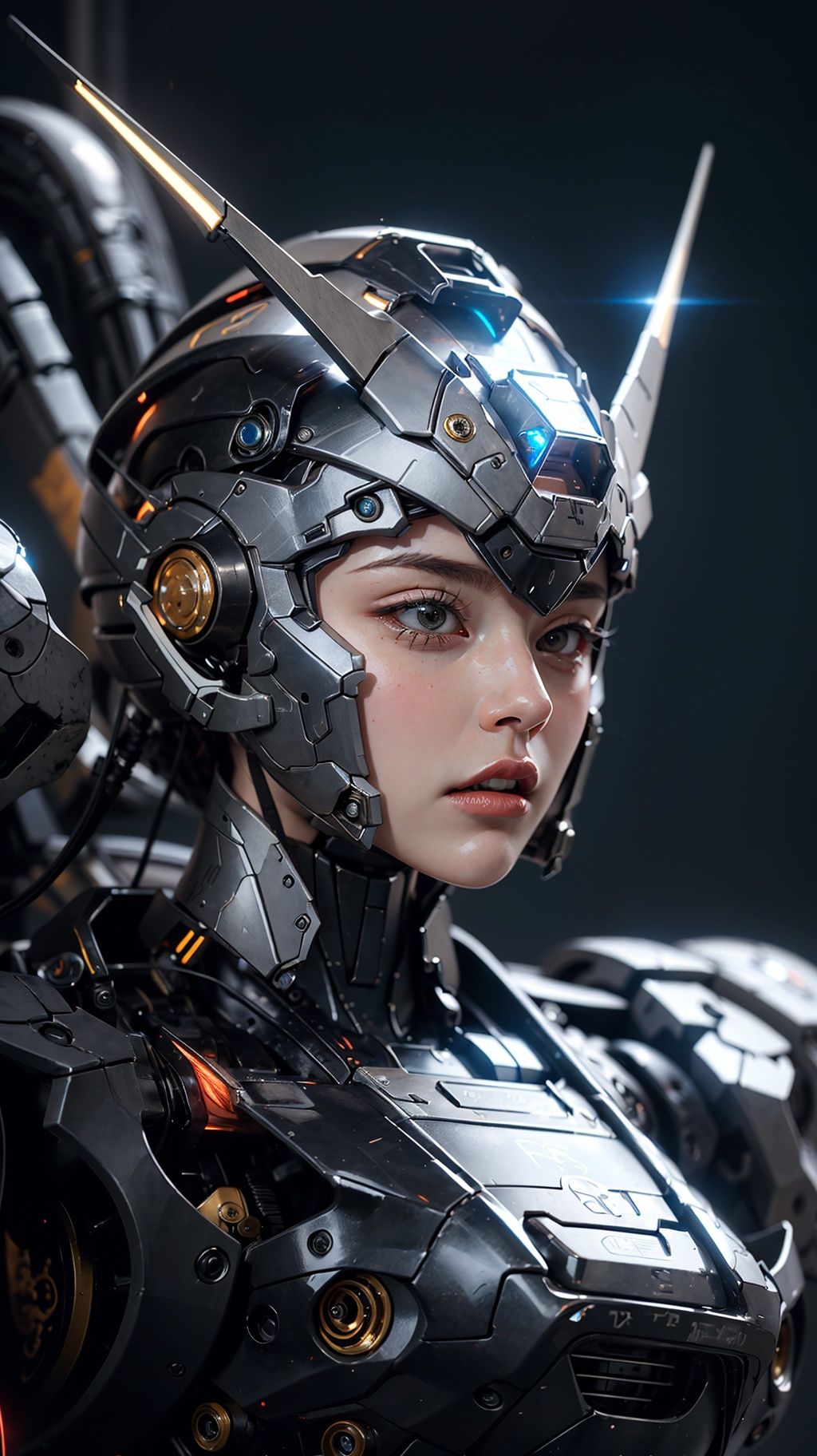 1girl,solo,from_side,no_humans,glowing,portrait,mecha,science_fiction,looking_ahead,cinematic lighting,strong contrast,high level of detail,Best quality,masterpiece,<lora:Gundam_Mecha:0.6>,