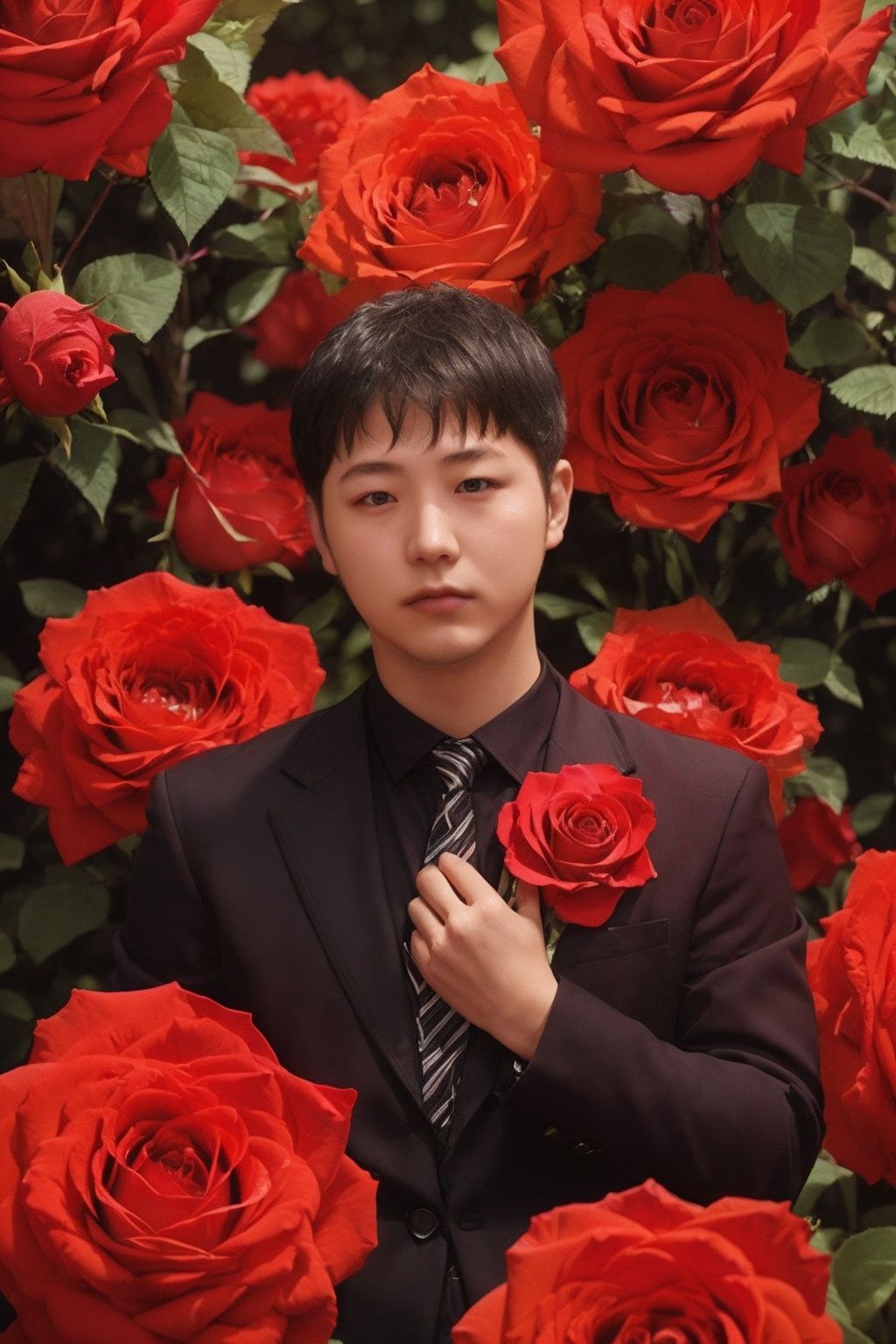 1 boy, masterpiece, best quality, super high resolution, (25 years old), (realism: 1.4), suit, shirt, (rose wrap: 1.3), upper body photo, 32k