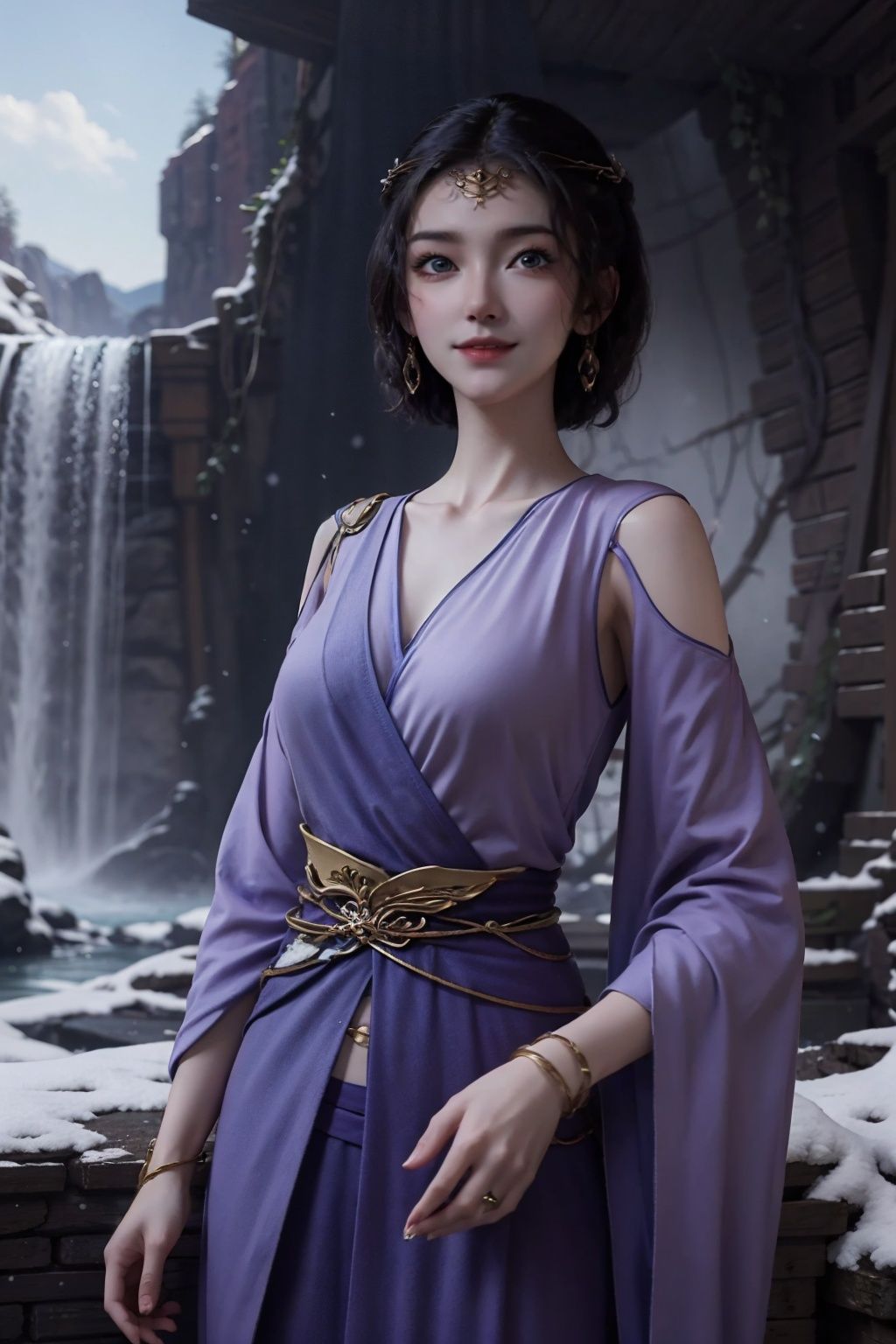 masterpiece,best quality,official art,extremely detailed CG unity 8k wallpaper,1girl,short hair,hanfu,seductive smile, cowboy shot,sideways,pov,waterfall, snowing, cave, butterfly, glowing, light rays, light particles, meteor,  <lora:文思月v2:0.6> 