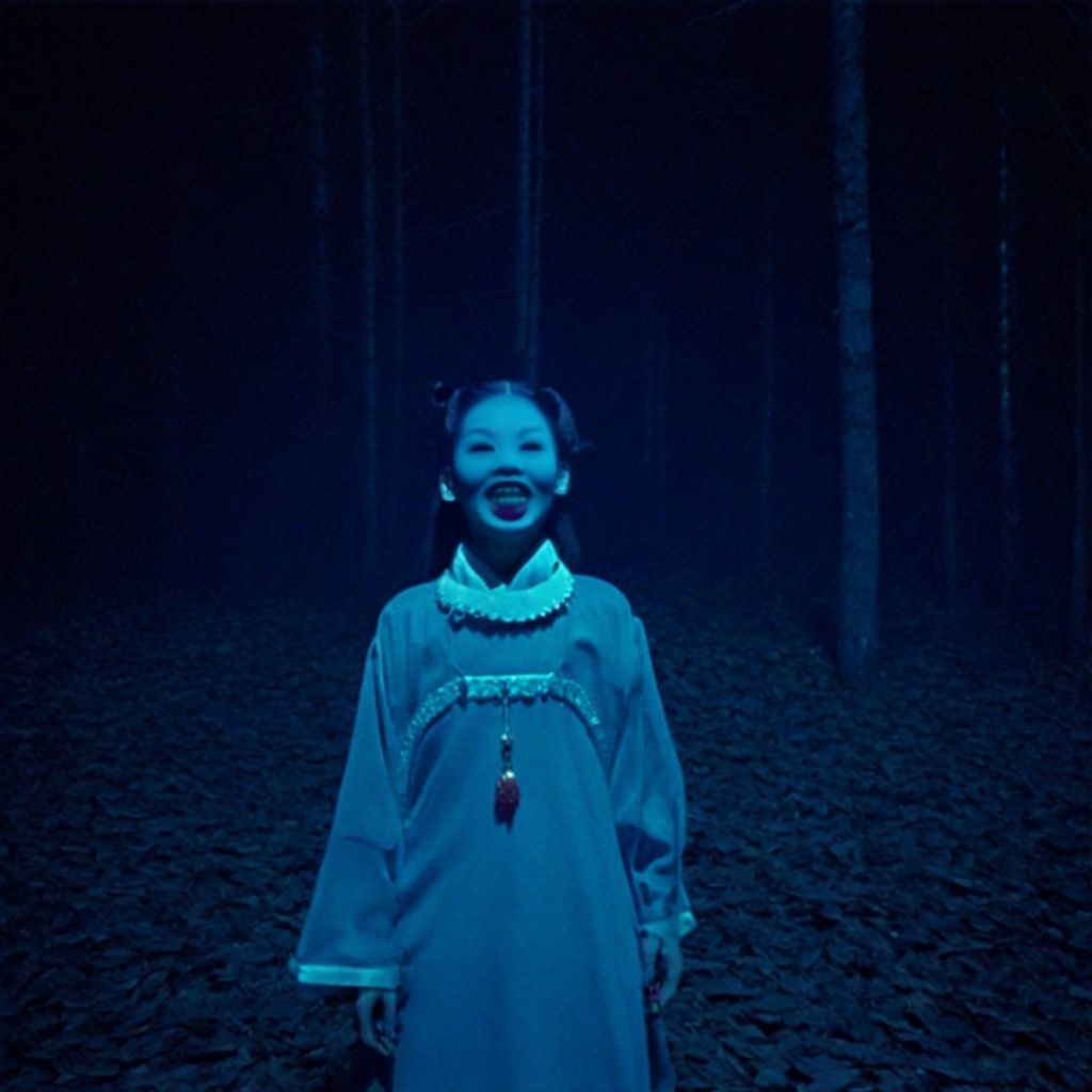 cinematic photo, xsfantasy, oriental fantasy,  horror movie,In the style of 90s Cinematic movies, 90s Cinematic photography, Evoking eerie Chinese legends, a mist-shrouded graveyard::2 showcases a close-up of a female paper doll with a nightmarish, surreal physique::2. Her terrifying expression and eerie smile with sharp teeth::2 exude an intense sense of dread. The ghostly blue light::3 enhances the atmosphere of horror, making the scene haunting and unsettling. Panaflex Gold, f/2.5 aperture, ISO 320, shutter speed 1/100. ,<lora:asianghostv4:1>