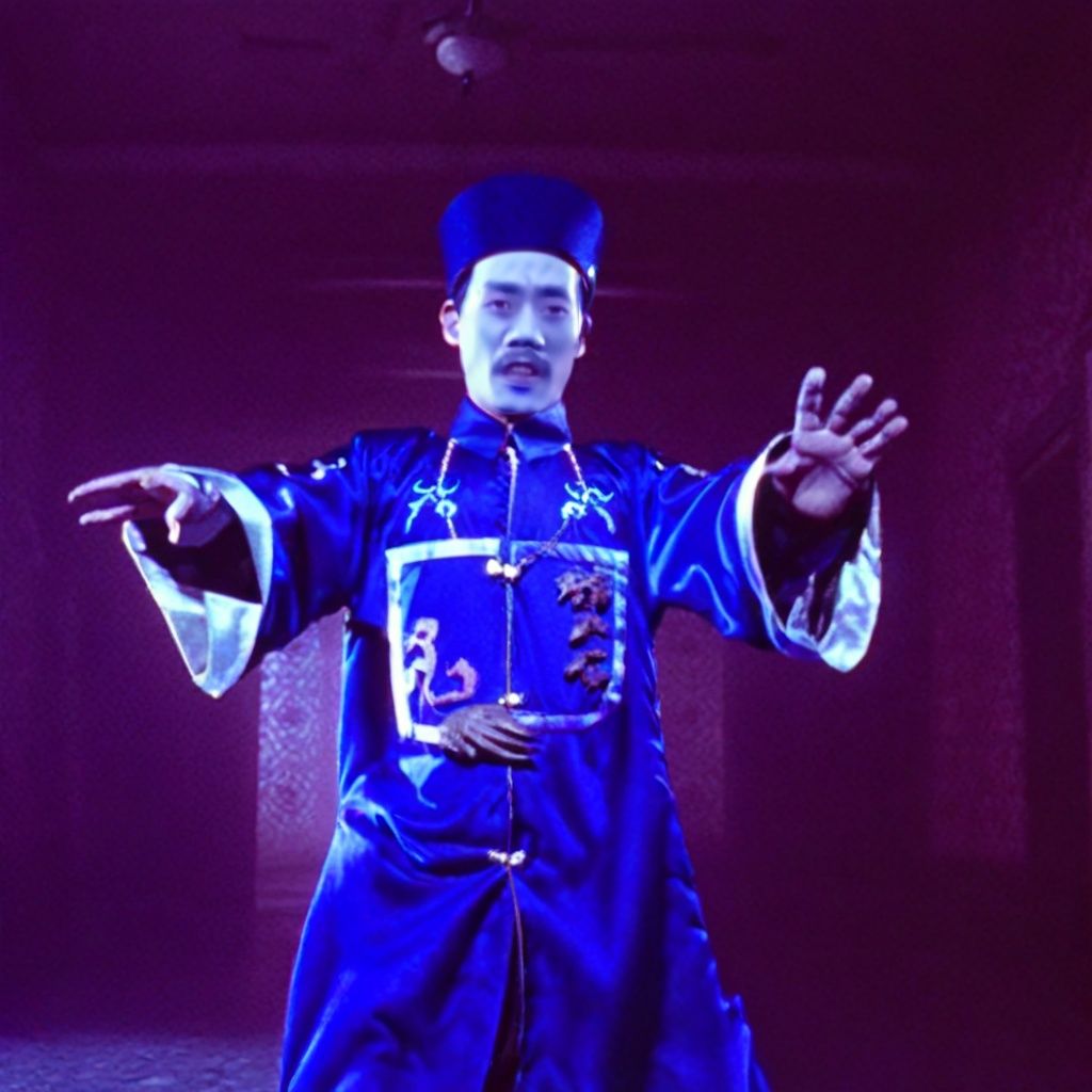 cinematic photo, oriental fantasy, qing zombie, jiangshi, zombie, Horror Art, Best Quality, Masterpiece, Ultra High Resolution, (Photorealism: 1.4), horror movie, 90s Cinematic photography, action Shot and close-up shot of Horror chinese qing zombie  wearing a black and blue zombie costume, Dynamic Running::2, In Dilapidated Hospital::4, Horror, 80mm, Horror lights, intensify the atmosphere of uncanny horror. The eerie red light::3 casts eerie shadows, making the scene haunting and terrifying. Arriflex 535, f/2.0 aperture, ISO 400, shutter speed 1/80.  ,<lora:asianghostv4:1> 