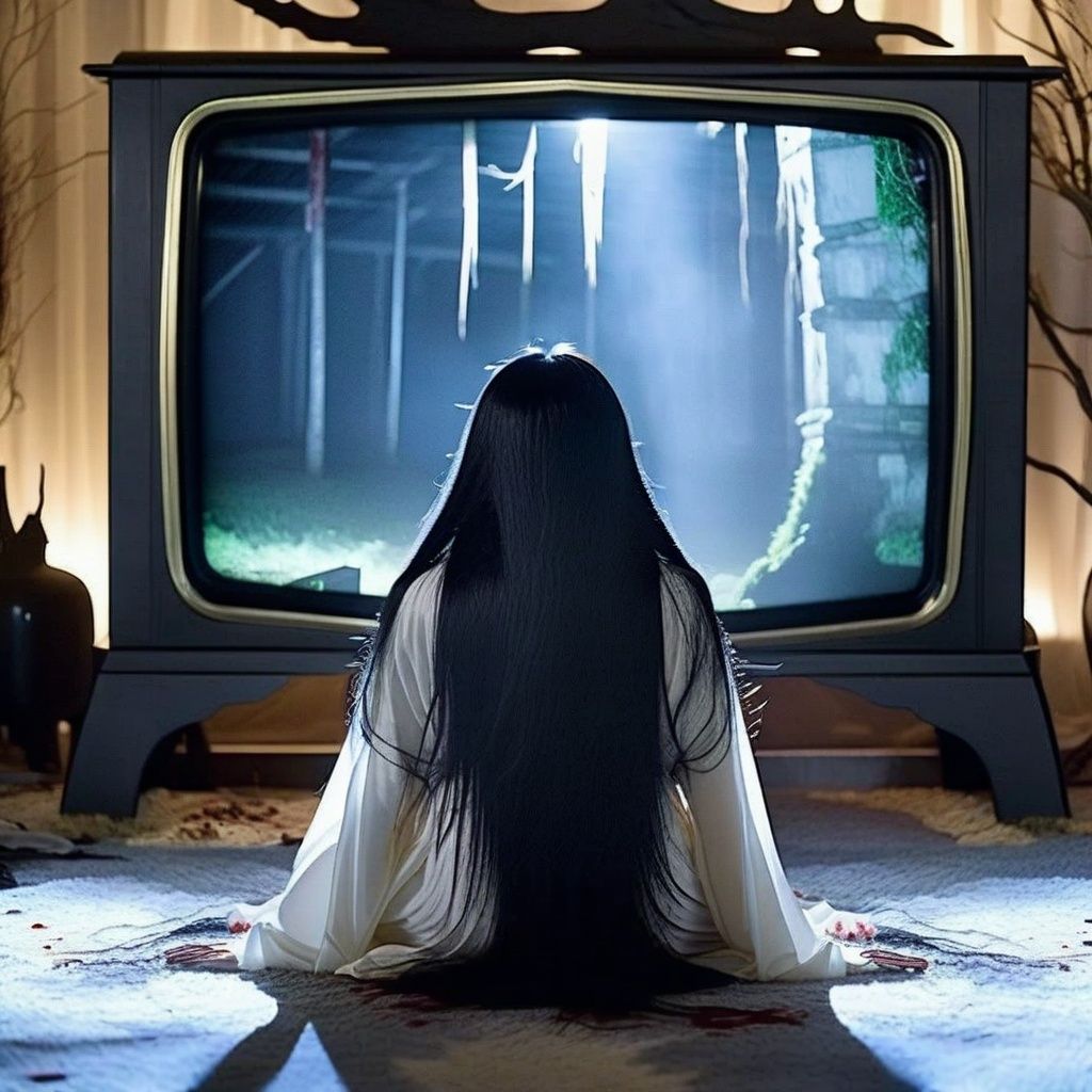 cinematic photo, xsfantasy, oriental fantasy, asian, horror movie, ghost, Evoking the dread of "Ju-on" and "The Ring," a horrifying ghostlwoman in white robe with long black hair::3  bending::2 over in crawling pose with two hands press on the floor in front of a small tv from the left side of a  living room with sofa and table and other furnitures,  only half of her body is outside of the tv showing to the viewer, face to viewers, resembling a crawling creature.Her distorted body::2 is propped on the floor of the living room out of the tv screen frame with both hands:2, while (her legs remain concealed within the aged TV screen:2. Blood all over her body. creepy look on her face.  knife and scissors in her mouth and her mouth is bleeding::2. An old water well::2 and trees shown in the lighting tv screen frame. the surreal crawl and haunting expression evoke a sense of terror and unease. Cinematic lighting::2 casts eerie shadows and spectral highlights, heightening the atmosphere of dread. The carefully composed frame::1 emphasizes the ghost's grotesque crawl and intensifies the shock value. Moviecam Super 35, f/2.5 aperture, ISO 600, shutter speed 1/45. Directed with mastery akin to Hideo Nakata's brilliance. . 35mm photograph, film, bokeh, professional, 4k, highly detailed
