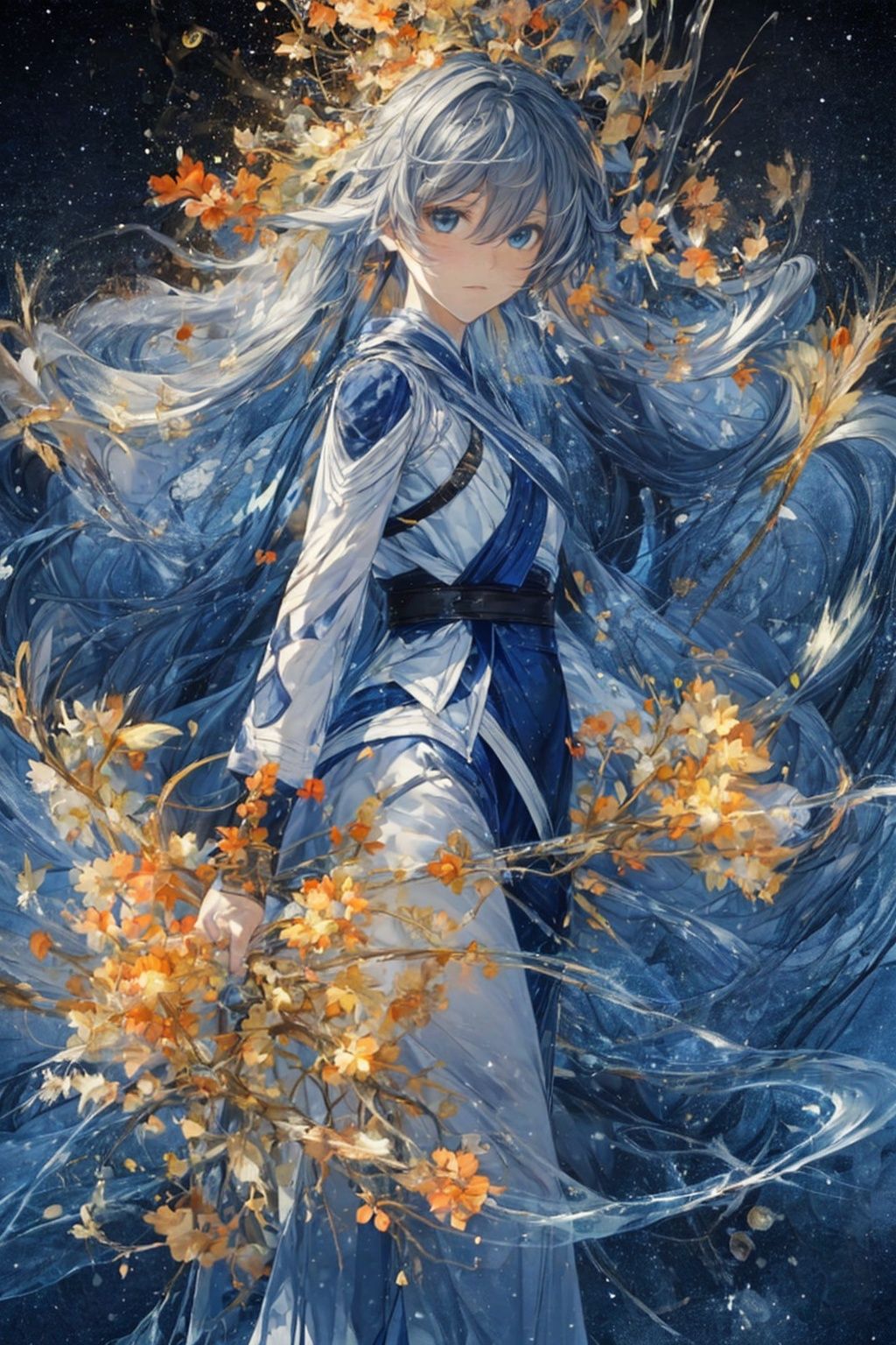 Abstract art, (Yuko Shimizumi style: 1.3), ( white theme: 1.1), golden theme, golden flowers, dark background flowing, 1 girl, the field of golden flowers, facing the audience
,Fractal,phSaber,senti,fu_hua