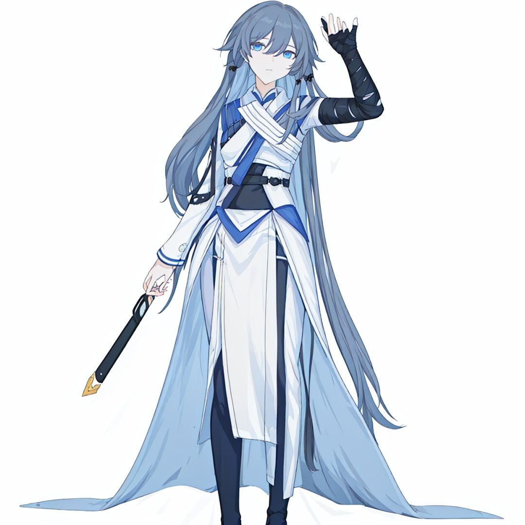 (masterpiece:1.3), (the best quality:1.2), (super fine illustrations:1.2), (Masterpiece), high quality, high detail,((white background:1.2)), looking at viewer, (SOLO:1.4),outline,,simple background, fu hua, bangs, long hair ,fu_hua