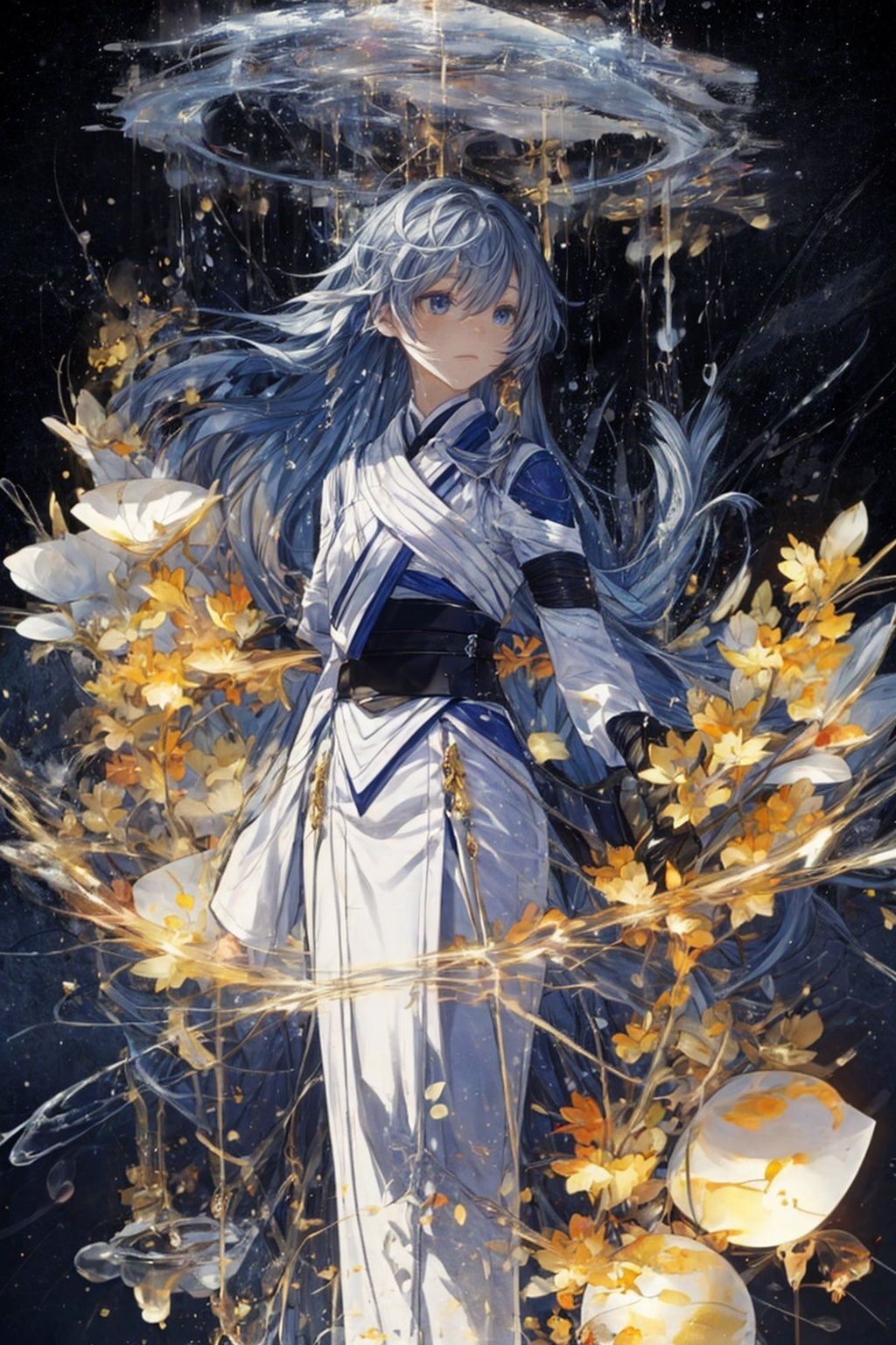 Abstract art, (Yuko Shimizumi style: 1.3), ( white theme: 1.1), golden theme, golden flowers, dark background flowing, 1 girl, the field of golden flowers, facing the audience
,Fractal,phSaber,senti,fu_hua