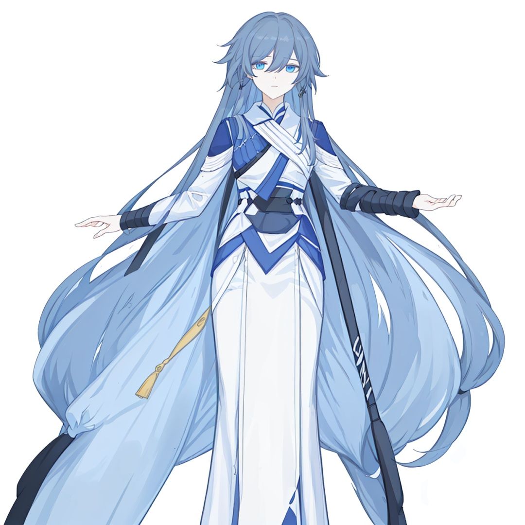  (masterpiece:1.3), (the best quality:1.2), (super fine illustrations:1.2), (Masterpiece), high quality, high detail,((white background:1.2)), looking at viewer, (SOLO:1.4),outline,,simple background, fu hua, bangs, long hair ,fu_hua