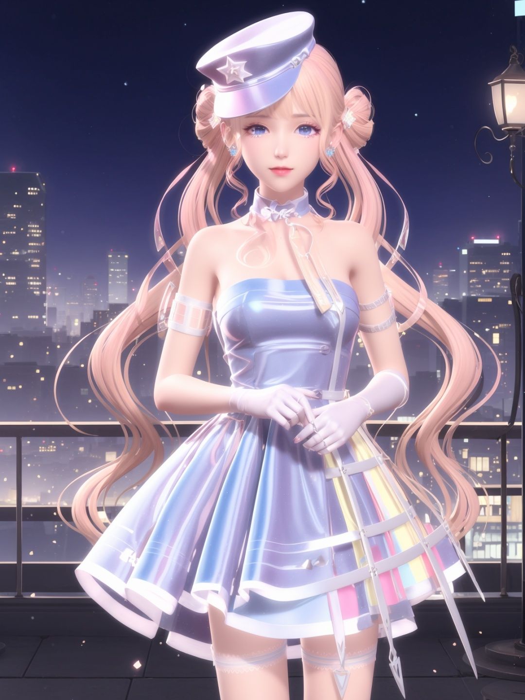 SYNNXWZA, 1girl, solo, long hair, blonde hair, hat, blue eyes, dress, twintails, jewelry, double bun, white gloves,thigh strap,choker,bare shoulders,earrings,  <lora:SYNNXWZA-000005:0.75>,cityscape, looking at viewer, mature female, 