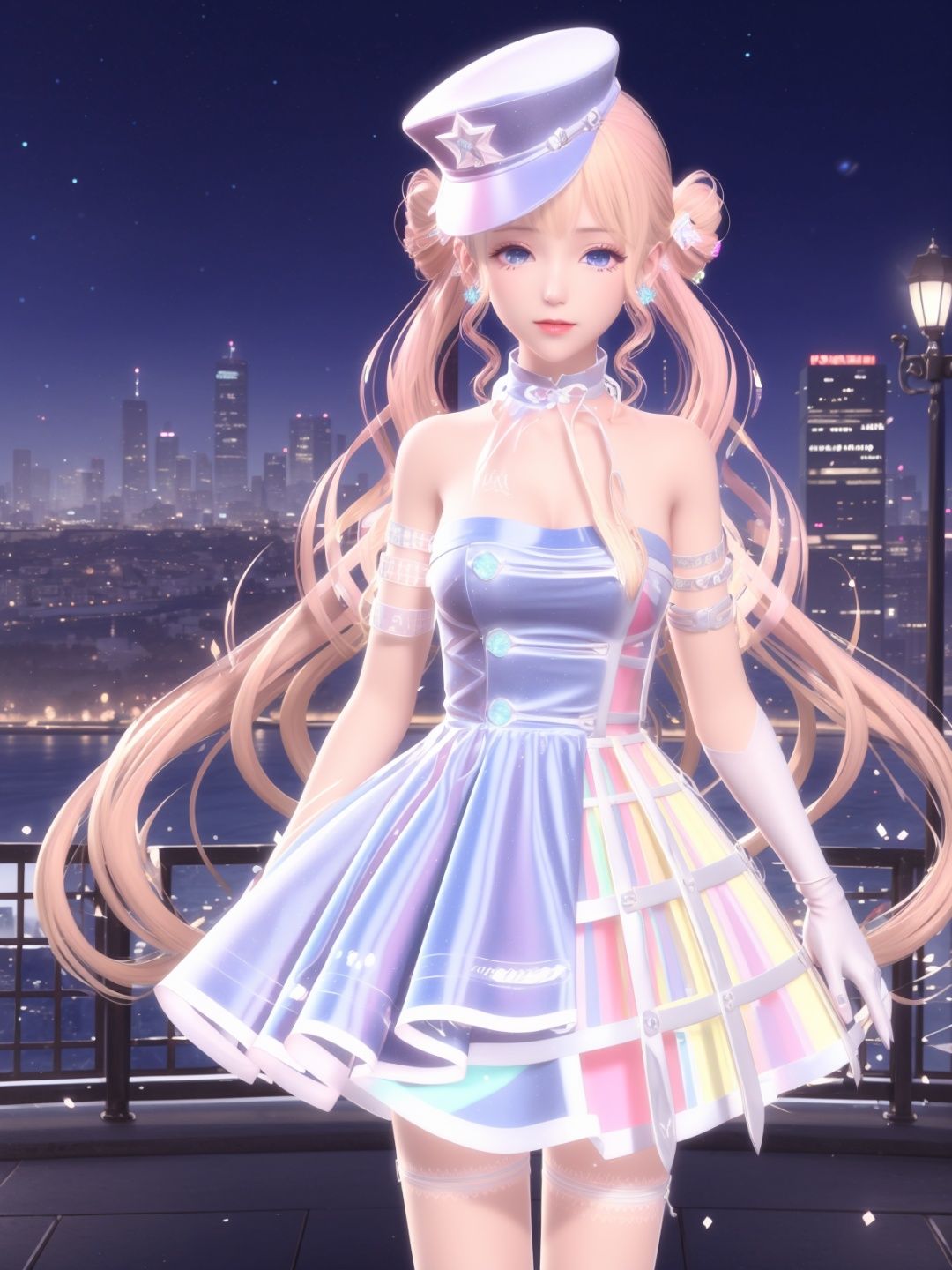 SYNNXWZA, 1girl, solo, long hair, blonde hair, hat, blue eyes, dress, twintails, jewelry, double bun, white gloves,thigh strap,choker,bare shoulders,earrings,  <lora:SYNNXWZA-000005:0.75>,cityscape, looking at viewer, mature female, 