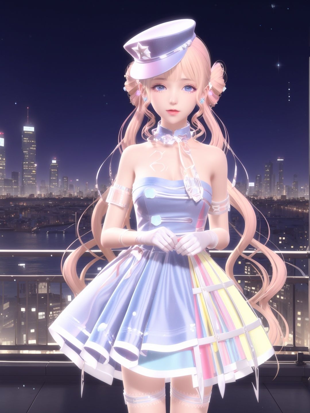 SYNNXWZA, 1girl, solo, long hair, blonde hair, hat, blue eyes, dress, twintails, jewelry, double bun, white gloves,thigh strap,choker,bare shoulders,earrings,  <lora:SYNNXWZA-000005:0.75>,cityscape, looking at viewer, mature female, 