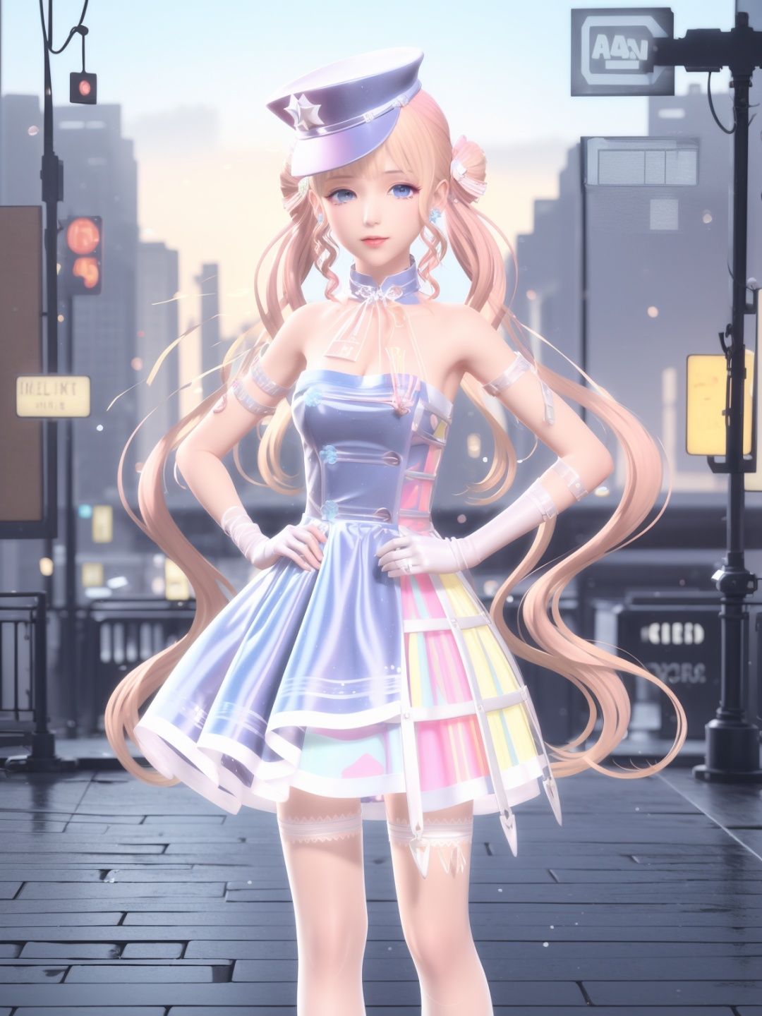 SYNNXWZA, 1girl, solo, long hair, blonde hair, hat, blue eyes, dress, twintails, full body, jewelry, double bun, white gloves,thigh strap,choker,bare shoulders,earrings,  <lora:SYNNXWZA-000005:0.75>,cityscape, looking at viewer, mature female, hand on hip, 