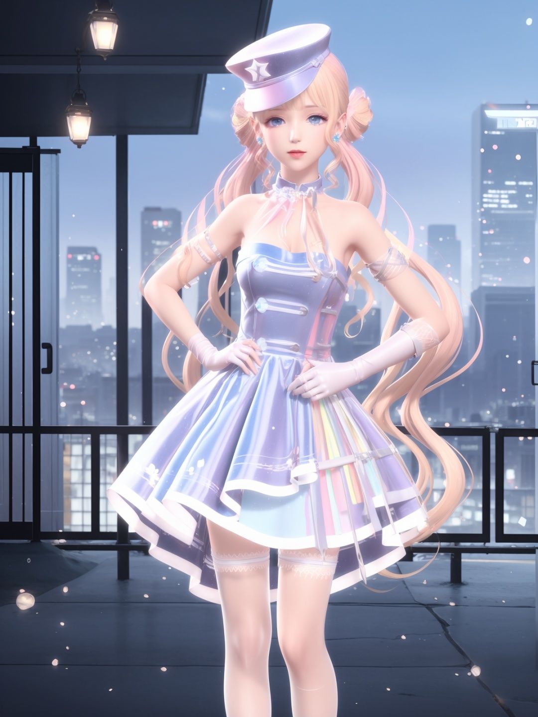 SYNNXWZA, 1girl, solo, long hair, blonde hair, hat, blue eyes, dress, twintails, full body, jewelry, double bun, white gloves,thigh strap,choker,bare shoulders,earrings,  <lora:SYNNXWZA-000005:0.75>,cityscape, looking at viewer, mature female, hand on hip, 