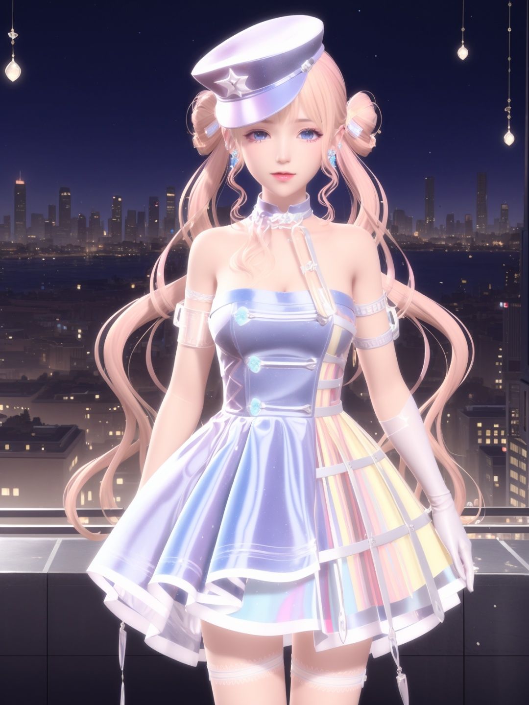 SYNNXWZA, 1girl, solo, long hair, blonde hair, hat, blue eyes, dress, twintails, jewelry, double bun, white gloves,thigh strap,choker,bare shoulders,earrings,  <lora:SYNNXWZA-000005:0.75>,cityscape, looking at viewer, mature female, 