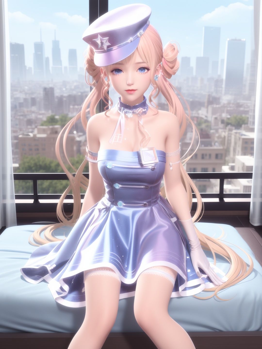 SYNNXWZA, 1girl, solo, long hair, blonde hair, hat, blue eyes, dress, twintails, jewelry, double bun, white gloves,thigh strap,choker,bare shoulders,earrings,  <lora:SYNNXWZA-000005:0.75>,cityscape, looking at viewer, mature female, sitting, bed, 