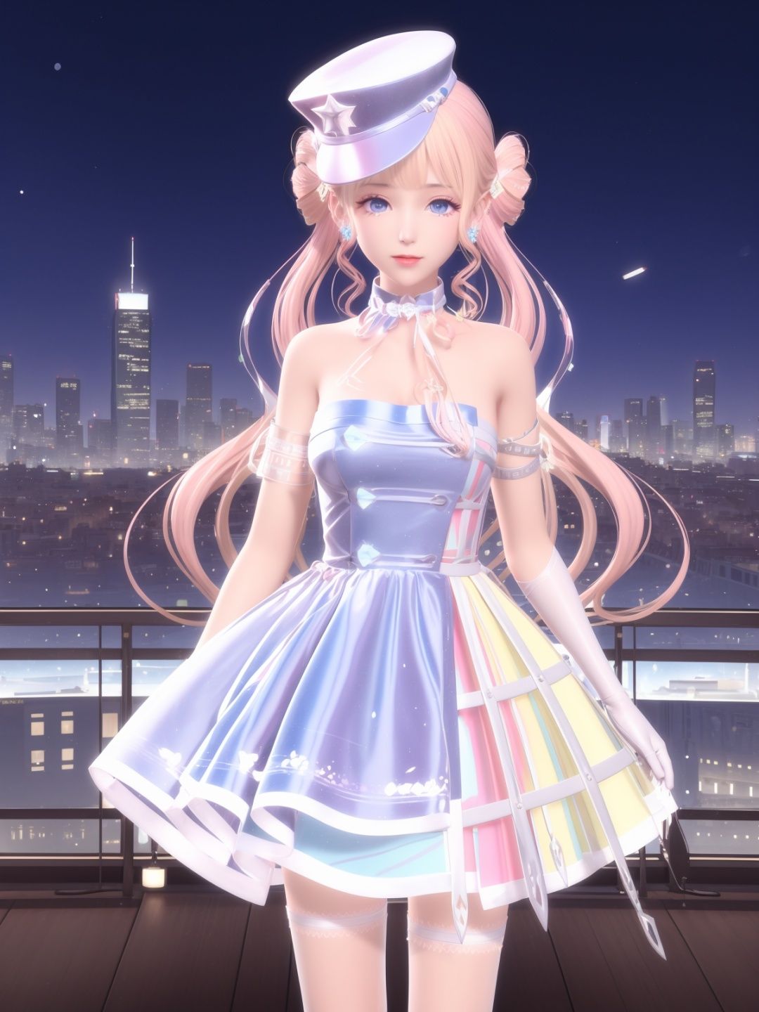 SYNNXWZA, 1girl, solo, long hair, blonde hair, hat, blue eyes, dress, twintails, jewelry, double bun, white gloves,thigh strap,choker,bare shoulders,earrings,  <lora:SYNNXWZA-000005:0.75>,cityscape, looking at viewer, mature female, 