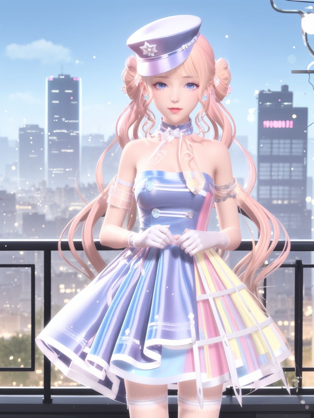 SYNNXWZA, 1girl, solo, long hair, blonde hair, hat, blue eyes, dress, twintails, jewelry, double bun, white gloves,thigh strap,choker,bare shoulders,earrings,  <lora:SYNNXWZA-000005:0.75>,cityscape, looking at viewer, mature female, 
