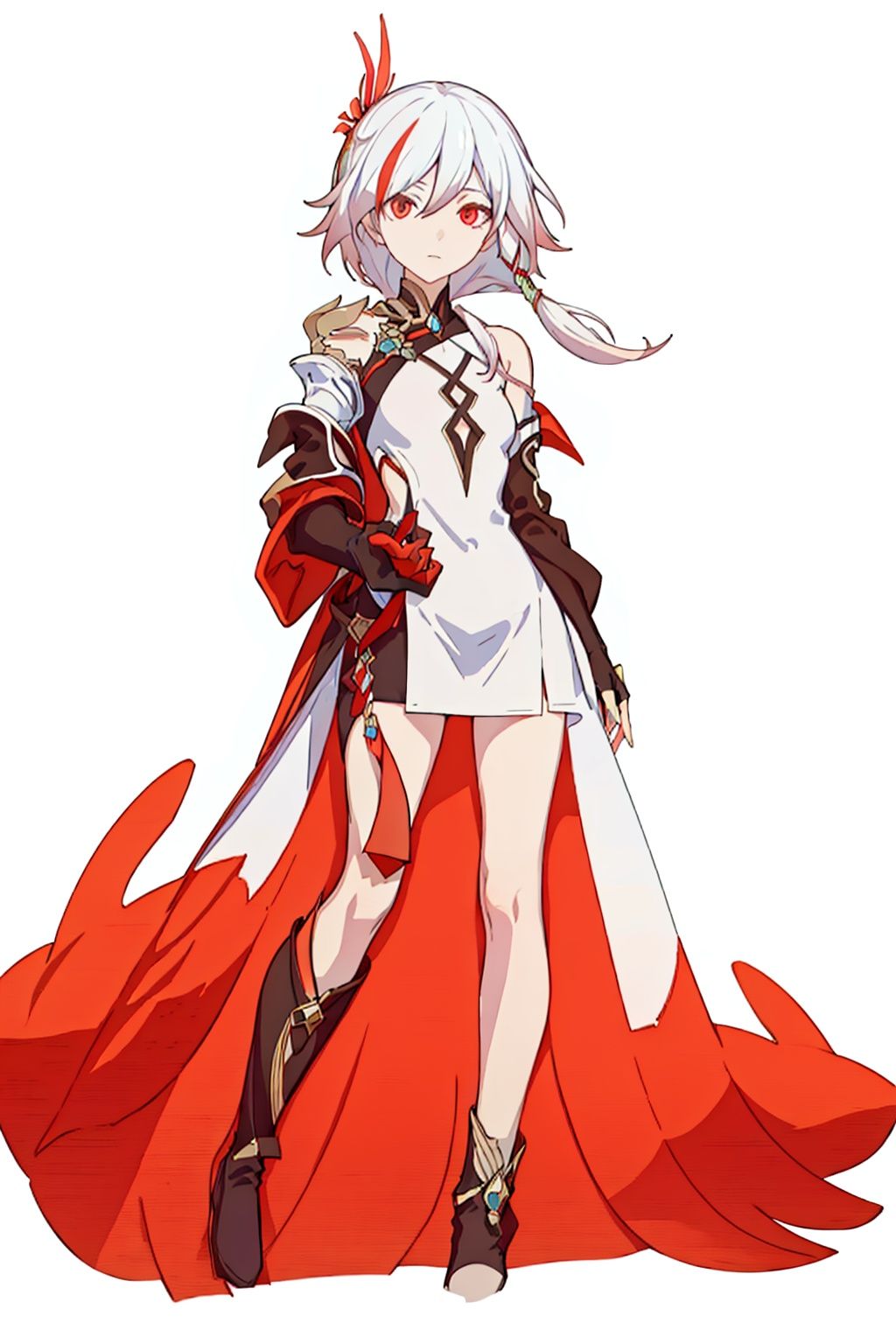 (masterpiece:1.3), (the best quality:1.2), (super fine illustrations:1.2), (Masterpiece), high quality, high detail,((white background:1.2)), looking at viewer, (SOLO:1.4),outline,,simple background,  multicolored hair, white hair, red eyes, hair between eyes, fu hua, long hair, hair ornament
,fu_hua