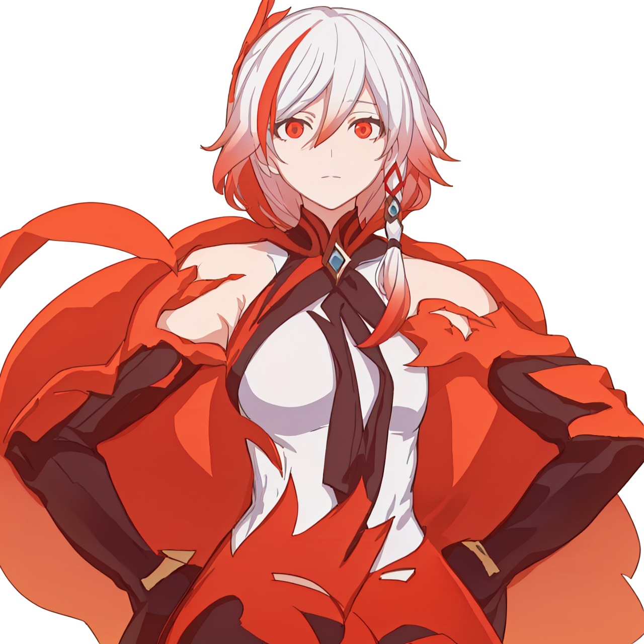  (masterpiece:1.3), (the best quality:1.2), (super fine illustrations:1.2), (Masterpiece), high quality, high detail,((white background:1.2)), looking at viewer, (SOLO:1.4),outline,,simple background, multicolored hair, white hair, red eyes, hair between eyes, fu hua, long hair, hair ornament