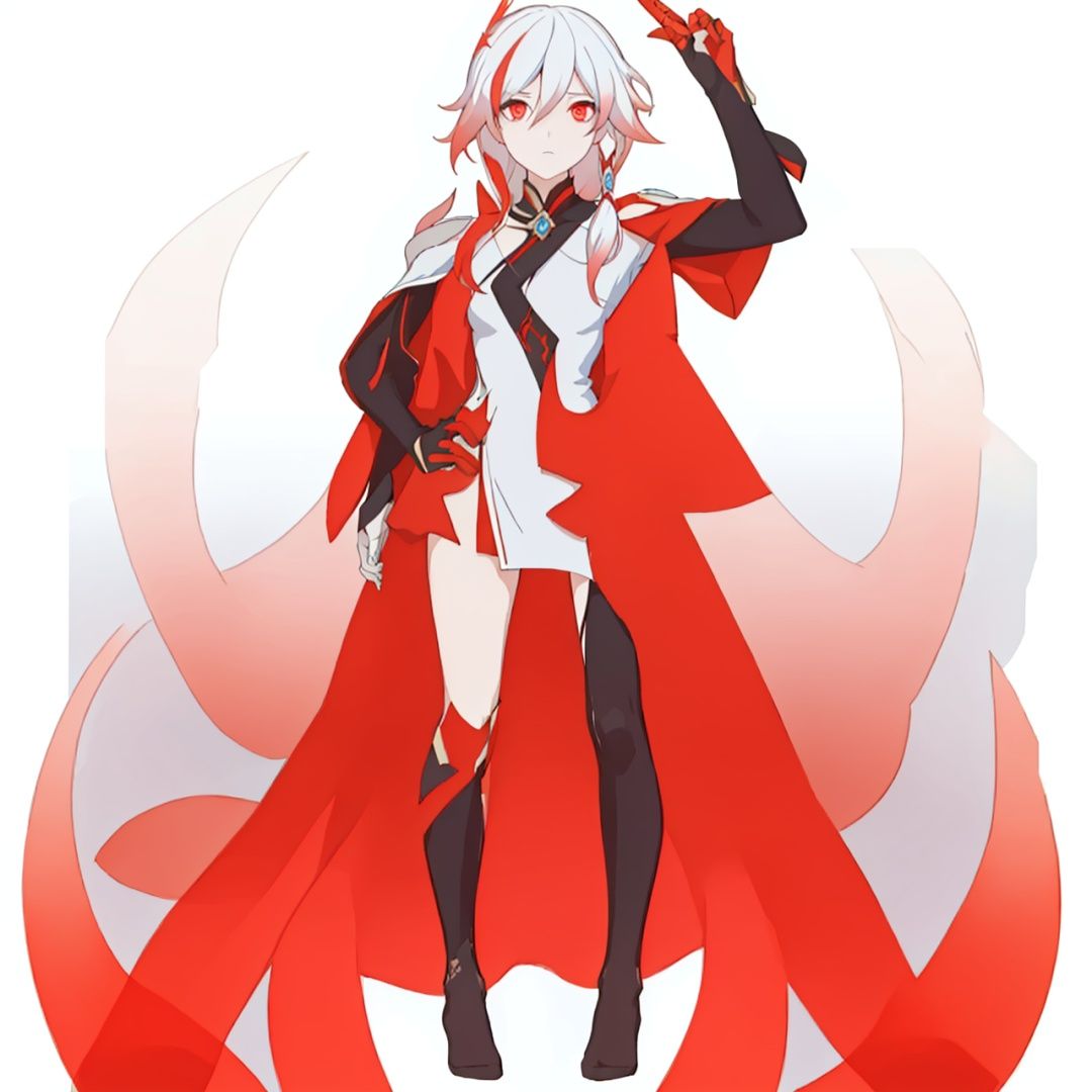 (masterpiece:1.3), (the best quality:1.2), (super fine illustrations:1.2), (Masterpiece), high quality, high detail,((white background:1.2)), looking at viewer, (SOLO:1.4),outline,,simple background, multicolored hair, white hair, red eyes, hair between eyes, fu hua, long hair, hair ornament