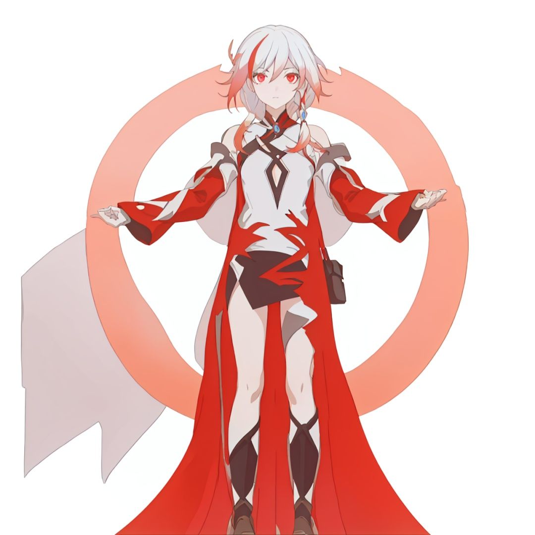 (masterpiece:1.3), (the best quality:1.2), (super fine illustrations:1.2), (Masterpiece), high quality, high detail,((white background:1.2)), looking at viewer, (SOLO:1.4),outline,,simple background, multicolored hair, white hair, red eyes, hair between eyes, fu hua, long hair, hair ornament
