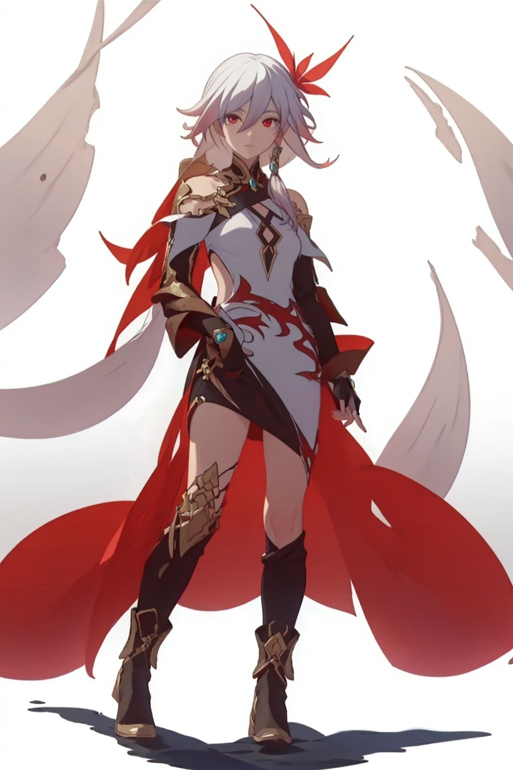 (masterpiece:1.3), (the best quality:1.2), (super fine illustrations:1.2), (Masterpiece), high quality, high detail,((white background:1.2)), looking at viewer, (SOLO:1.4),outline,,simple background,  multicolored hair, white hair, red eyes, hair between eyes, fu hua, long hair, hair ornament
,fu_hua