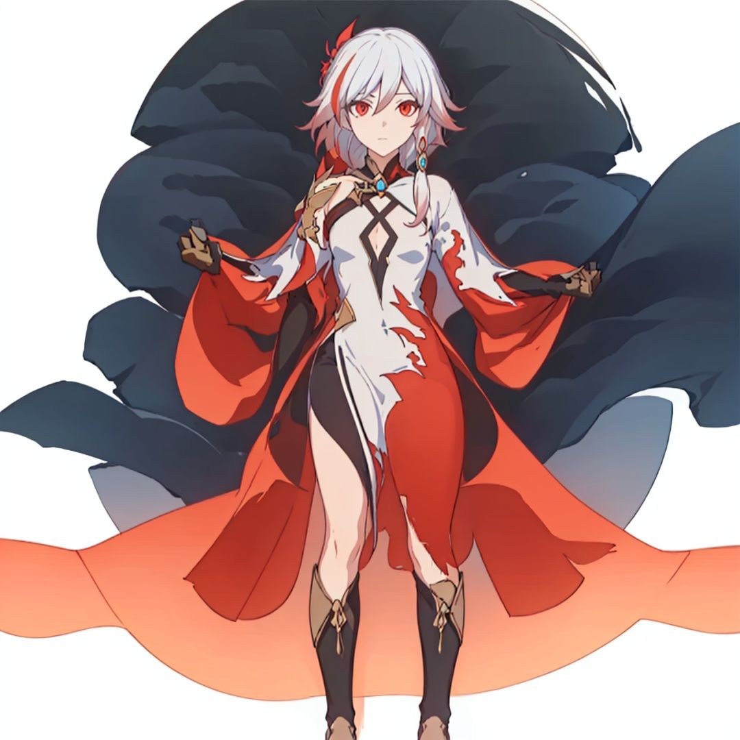 (masterpiece:1.3), (the best quality:1.2), (super fine illustrations:1.2), (Masterpiece), high quality, high detail, ((white background:1.2)), looking at viewer, (SOLO:1.4), outline, , simple background,multicolored hair, white hair, red eyes, hair between eyes, fu hua, long hair, hair ornament